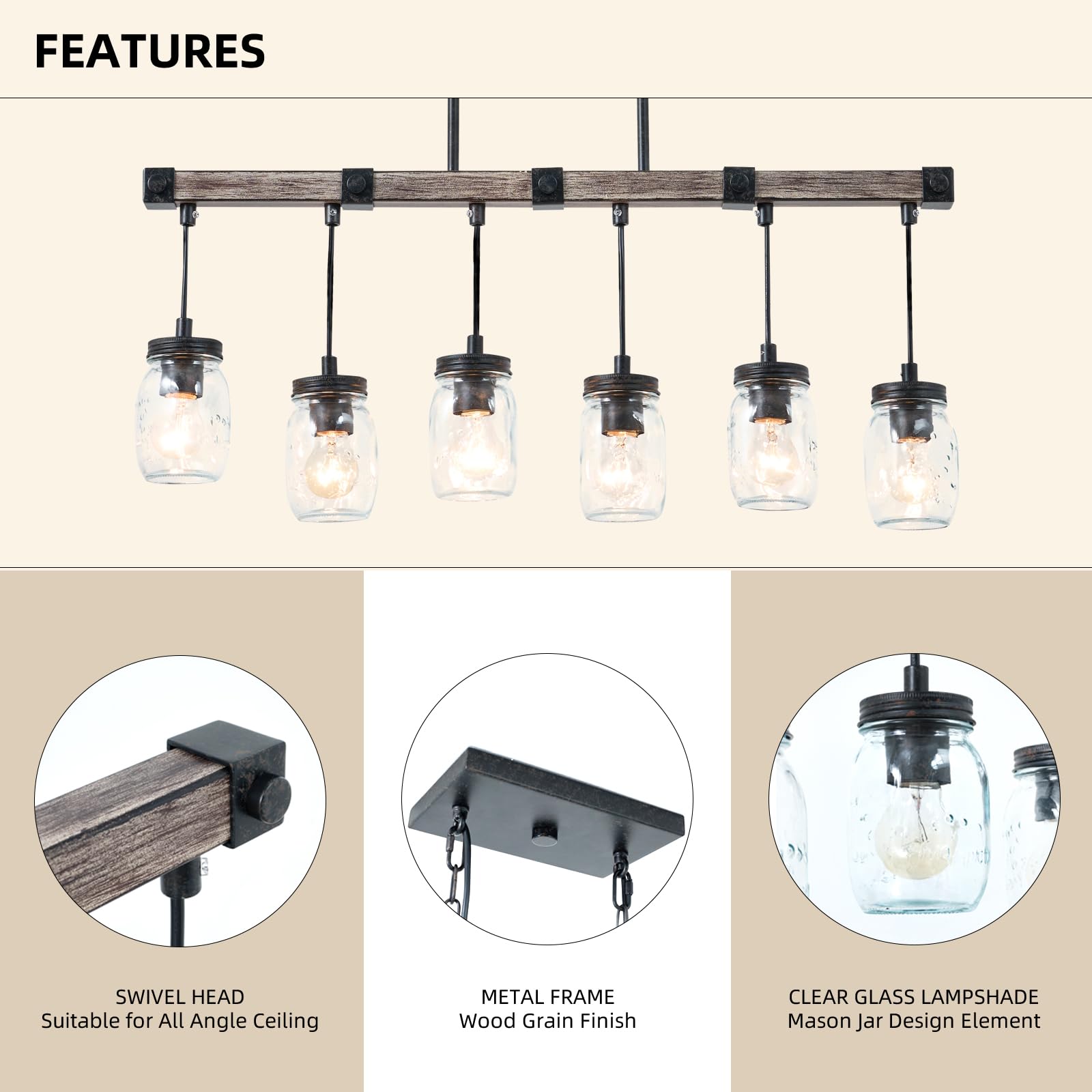 Farmhouse Kitchen Island Lighting - 6-Light Rustic Mason Jar Chandelier with Clear Glass Globes, 30