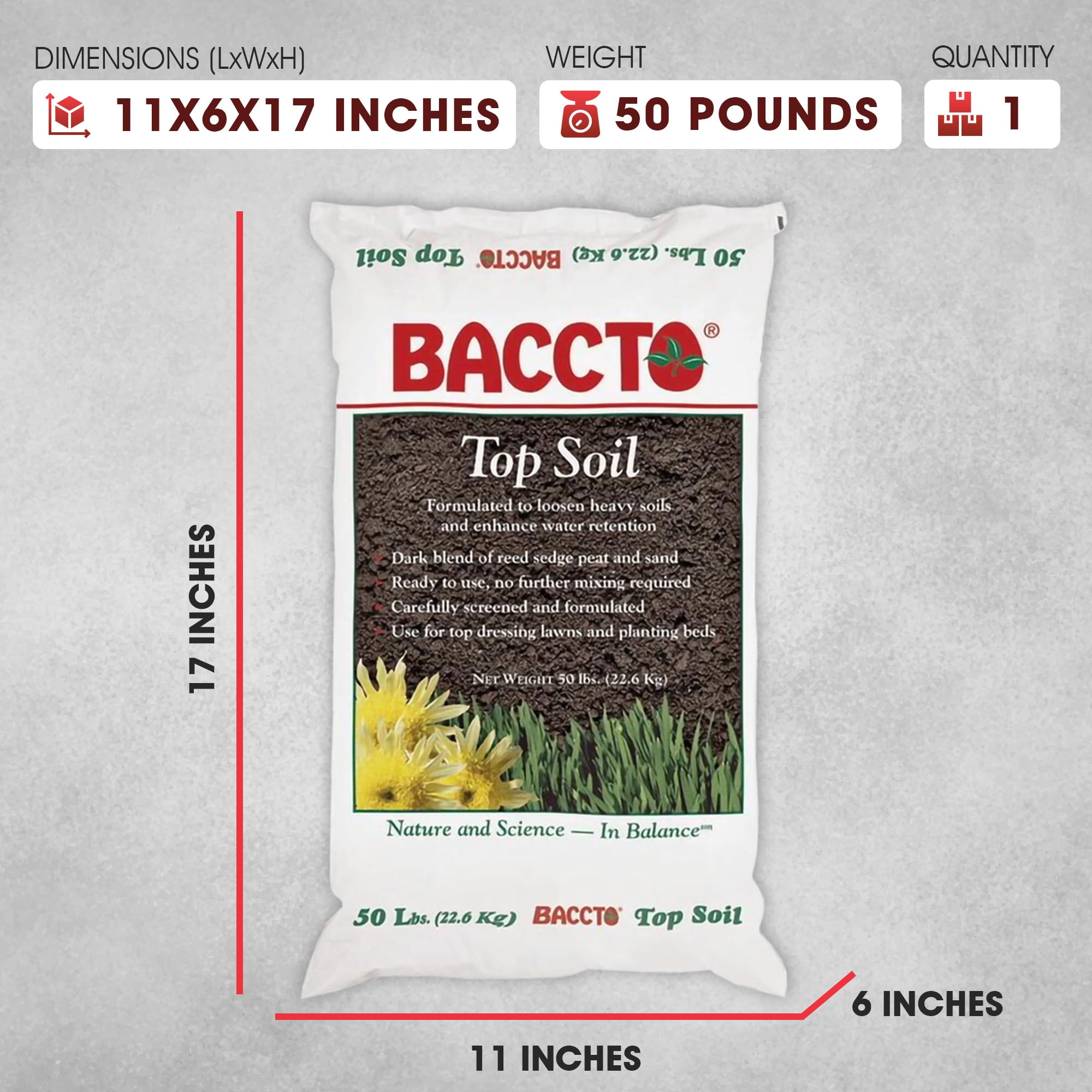 Premium 1550P Baccto Topsoil - 50lb (10 Pack) for Lawns, Gardens & Raised Beds | Reed Sedge, Peat & Sand Mix | Ideal for Landscaping, Vegetable Planting & Flower Beds