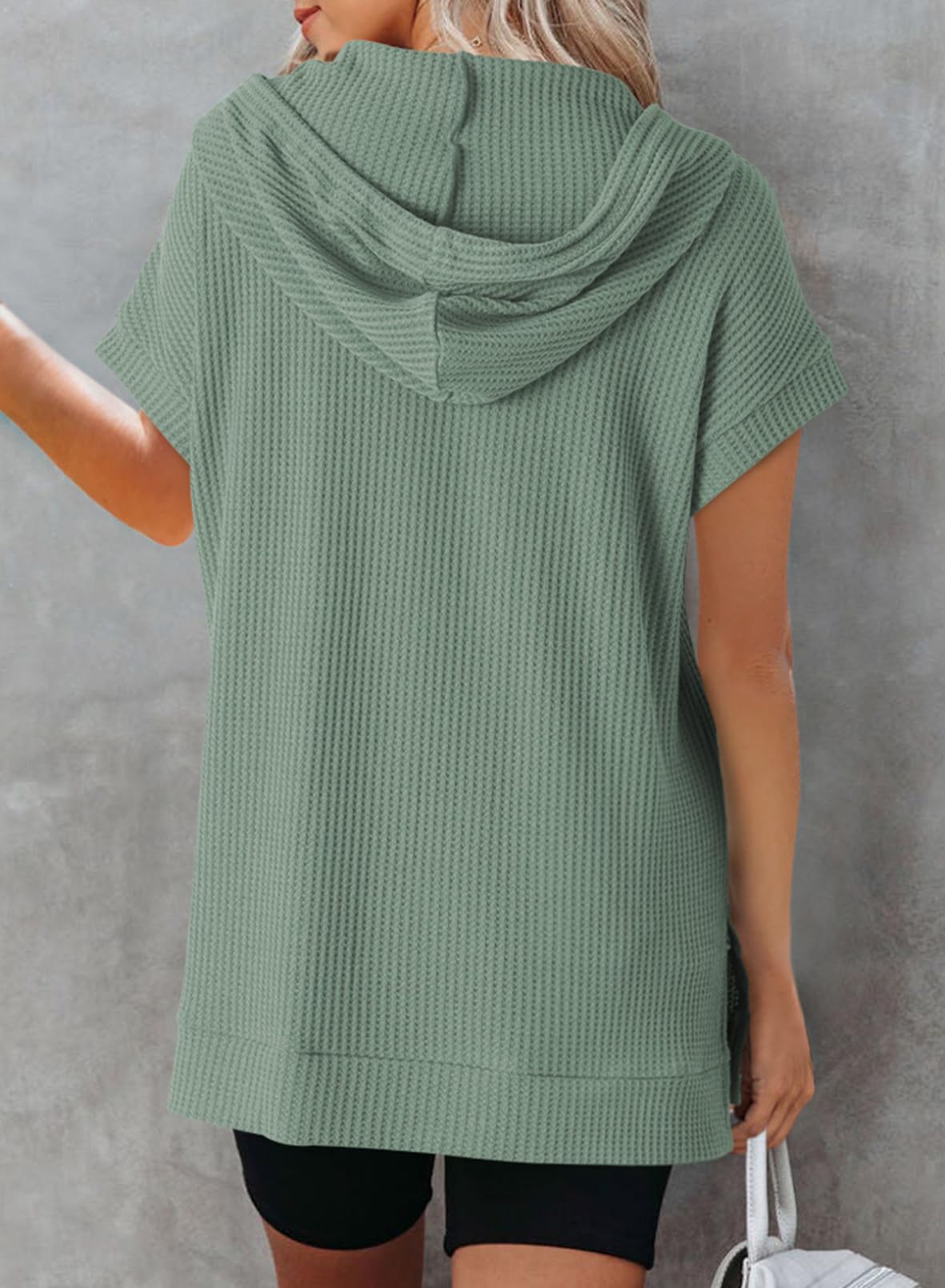 Dokotoo Women's Summer Oversized Shirts 2025 - Short Sleeve Drawstring Hoodies, Waffle Knit Side Slit Tunic Tops with Pocket - Casual Beachwear, Vacation Outfits & Lounge Wear