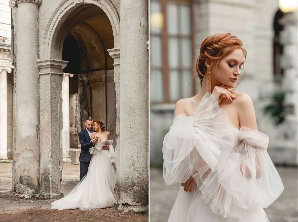 XYAYE Off Shoulder Long Sleeve Lace Wedding Dress with Train - Elegant Tulle Bridal Gown for Bride | Perfect for Church Ceremony, Beach Wedding & Romantic Photoshoot