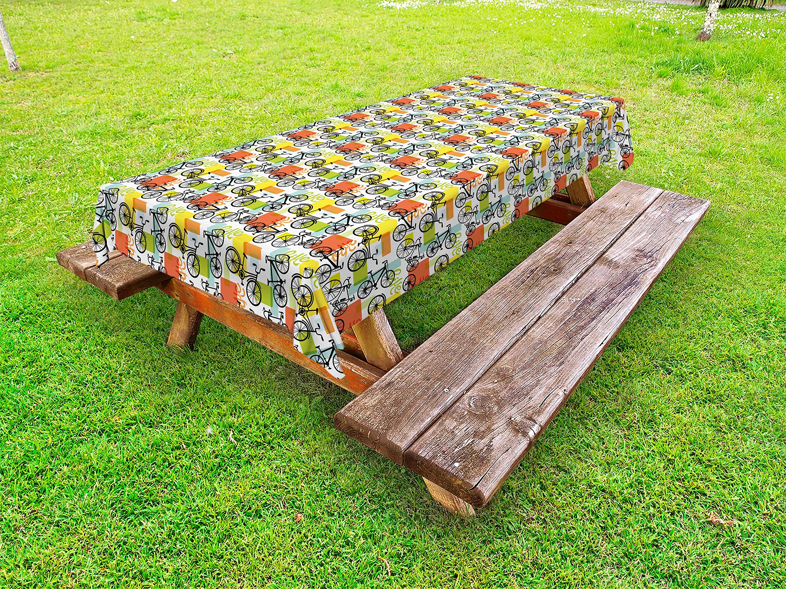 Ambesonne Vintage Bicycle Print Outdoor Tablecloth - Hand-Drawn Retro Geometric Design, Washable Picnic Blanket 58