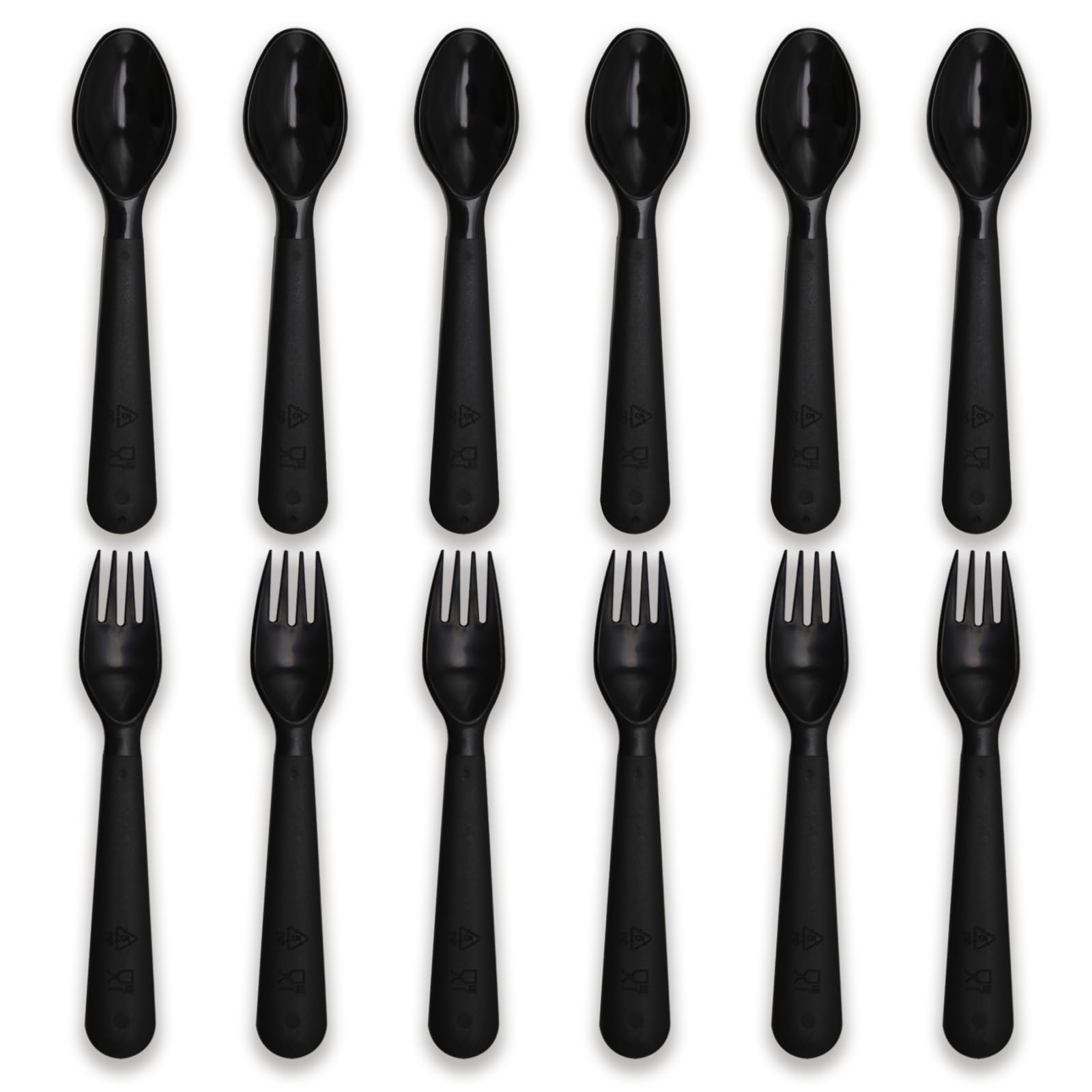 12-Piece Toddler Utensil Set - BPA-Free Plastic Baby Spoons & Forks for Kids - Reusable, Microwave & Dishwasher Safe - Ideal for Baby Feeding, Travel & Daycare - Black