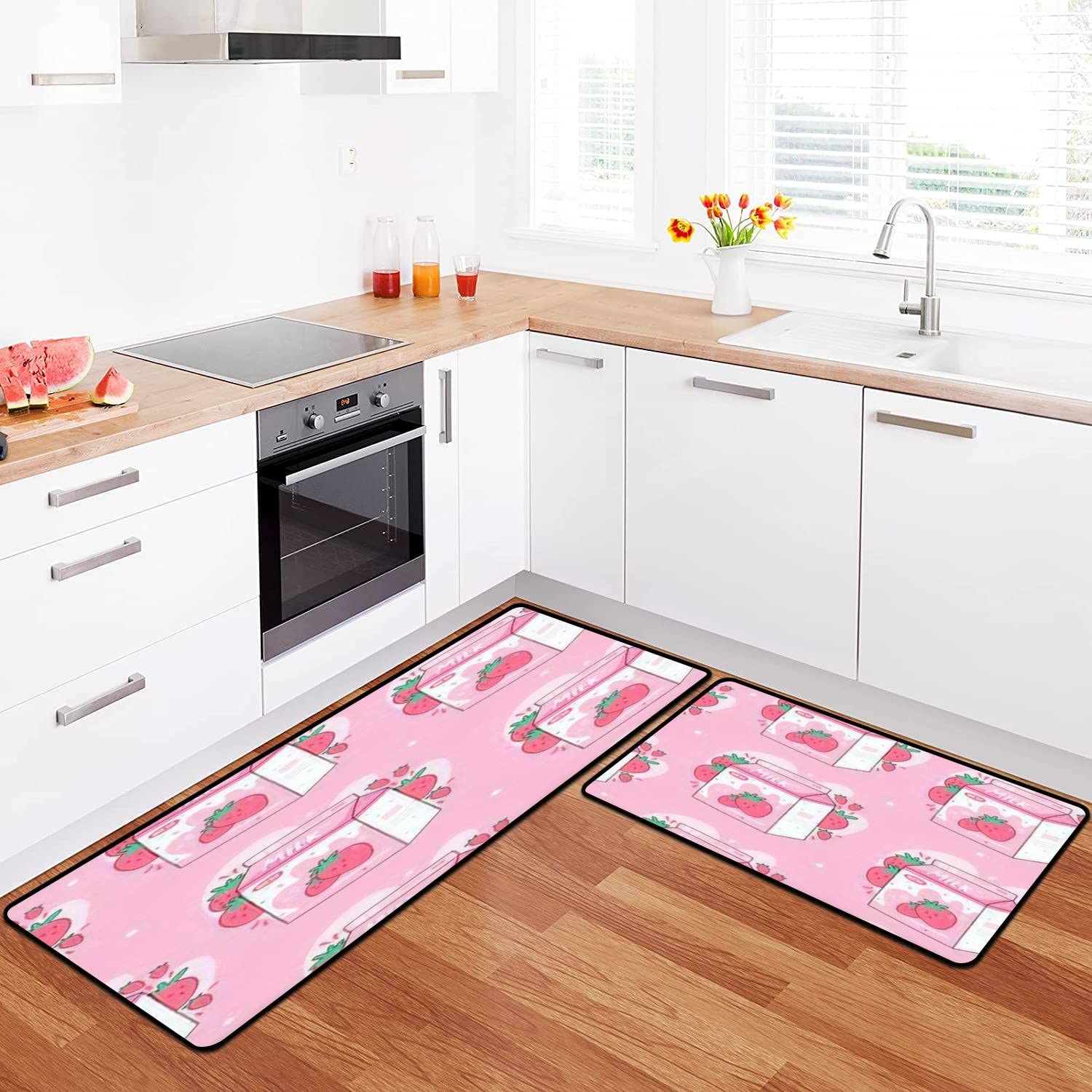 Non-Slip Washable Kitchen Rugs Set - Japanese Style Strawberry Milk Design, Anti-Fatigue Floor Mats for Kitchen, Bathroom & Entryway - Perfect for Home Decor and Comfortable Standing