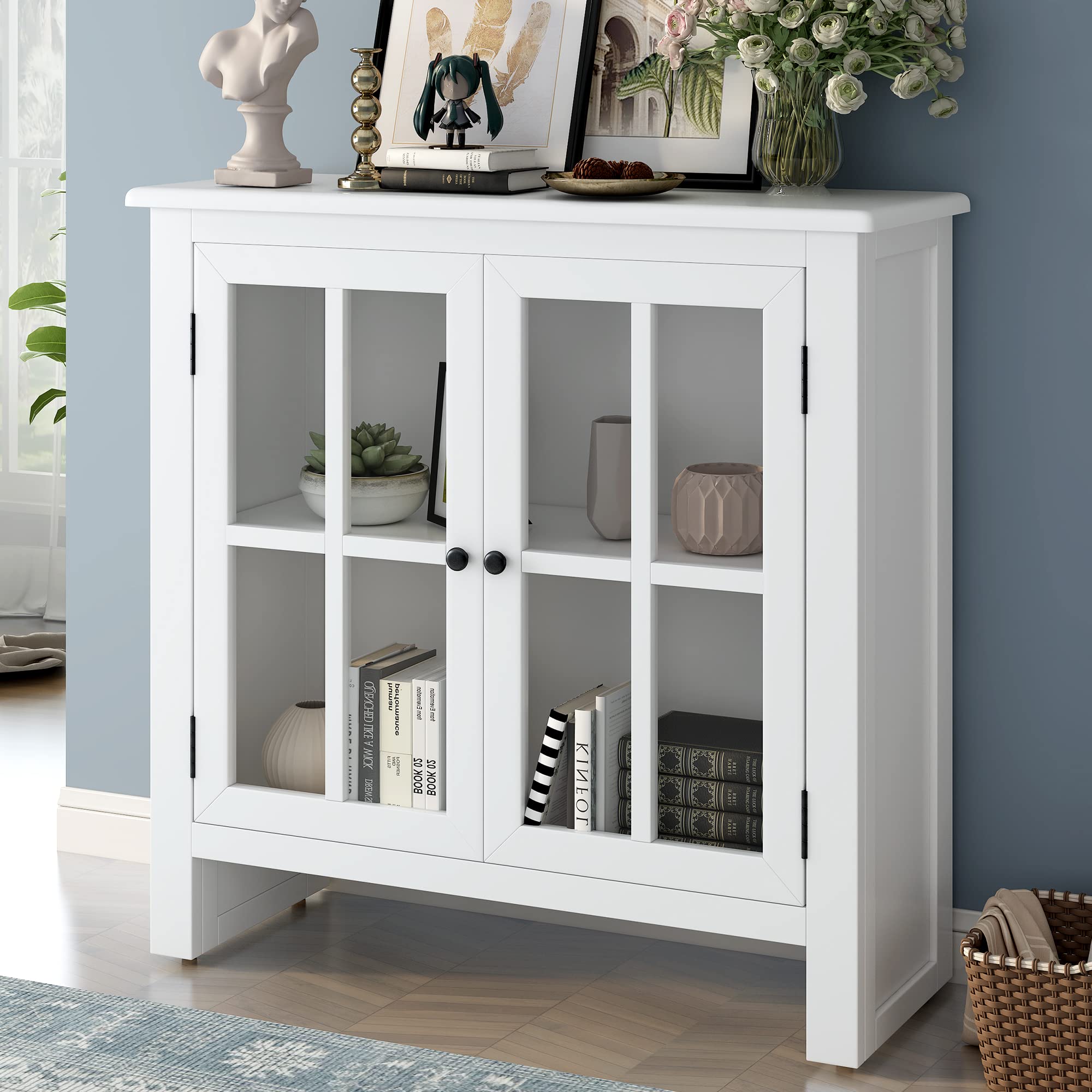 Modern White Wood Storage Cabinet Buffet Table with 2 Glass Doors & Adjustable Shelf - Accent Sideboard for Living Room, Dining Room - Perfect for Home Organization & Displaying Decor