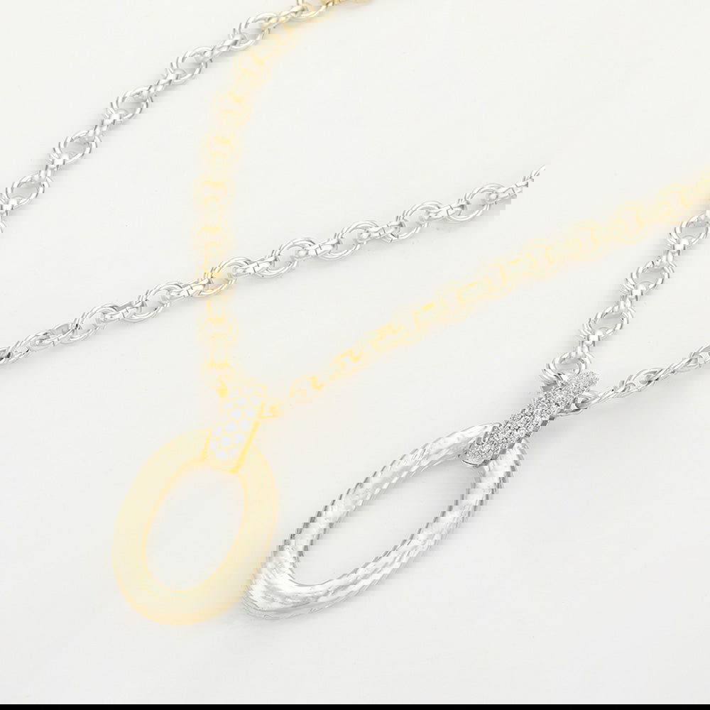 14K Gold Plated Cubic Zirconia Link Hammered Oval Pendant Necklace for Women - Elegant Layered Jewelry Gift for Birthday, Anniversary & Special Occasions