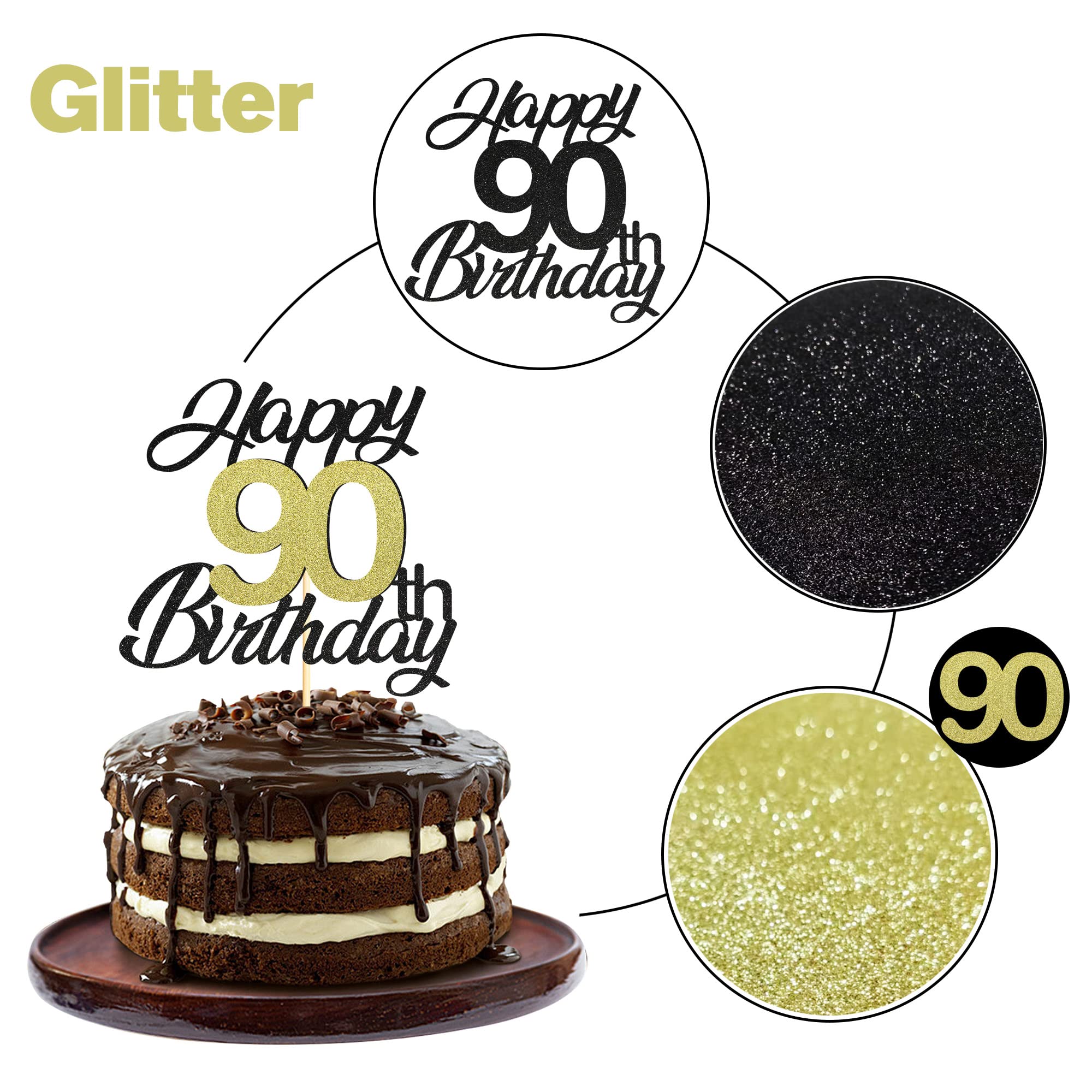 Elegant Black & Gold Glitter 90th Birthday Cake Topper - Happy 90th Birthday Cake Decorations for Women & Men - Perfect for Milestone Birthday Parties & Celebrations