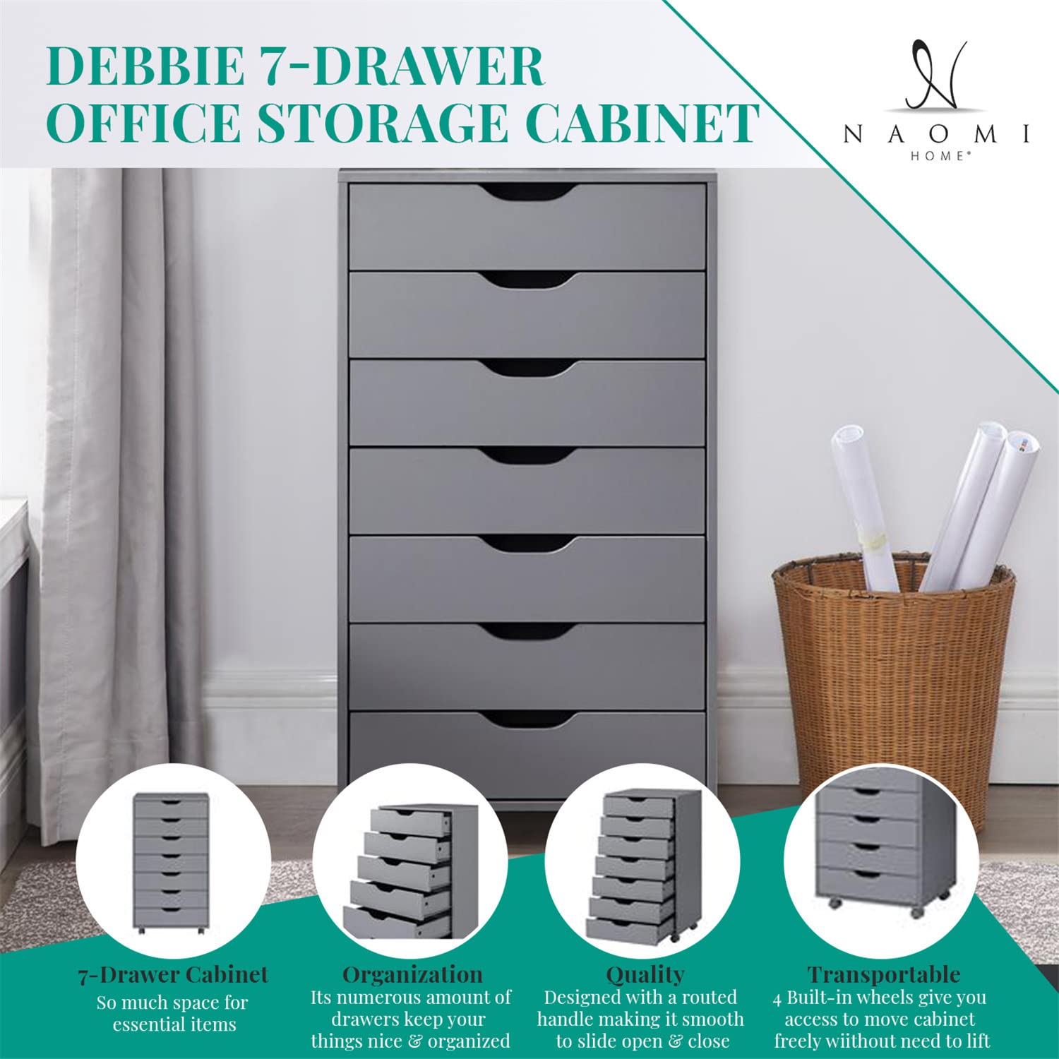 Naomi White 5-Drawer Rolling Storage Cabinet for Office & Home