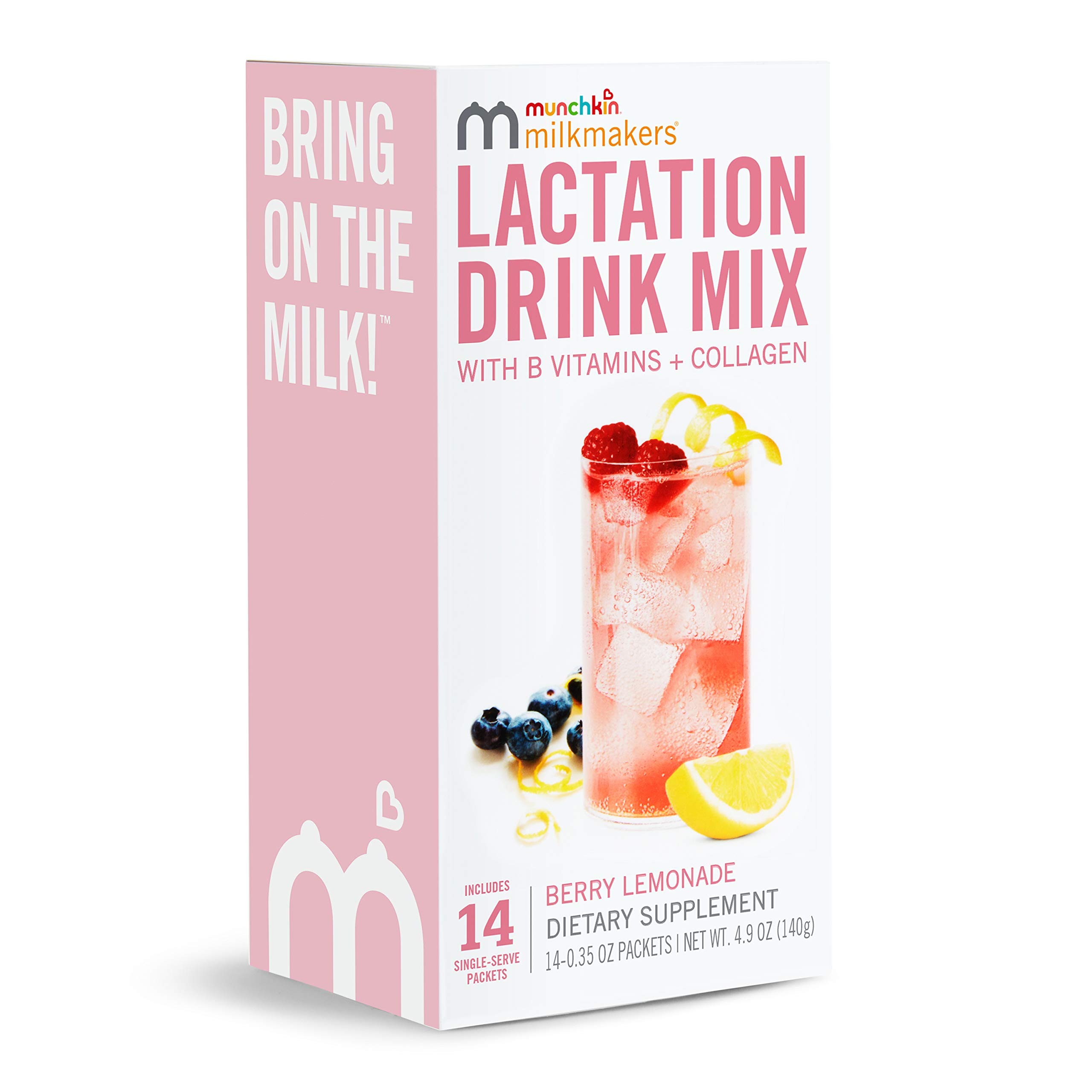 Munchkin® Milkmakers® Lactation Drink Mix Supplement - B Vitamins, Collagen, Fenugreek & Milk Thistle for Breastfeeding Moms - Berry Lemonade Flavor, 14 Count - Supports Milk Production & Postpartum Recovery for Nursing Mothers