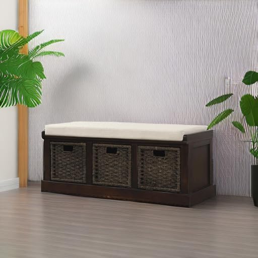 Wicker Storage Bench with 3 Woven Baskets & Removable Cushion - Wooden Entryway Shoe Bench for Hallway, Bedroom, Living Room - Espresso Finish - Perfect for Organizing Shoes, Blankets & Home Decor