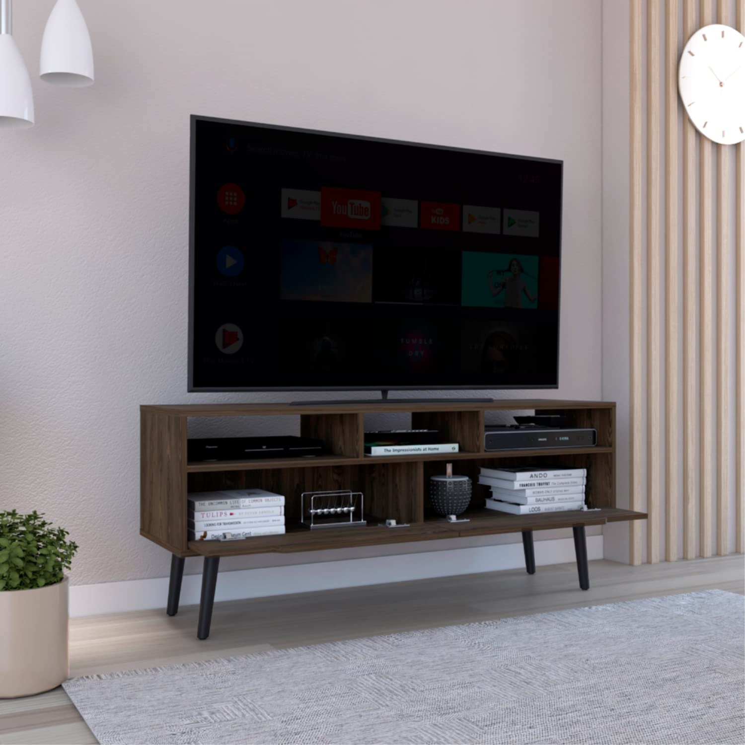 Kobe TV Stand for TVs Up to 52 Inches - 3 Open Shelves & 2 Flexible Drawers - Dark Walnut Finish - Perfect for Living Room, Bedroom or Home Theater Setup