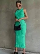 Autumn Winter Women's Solid Color Crochet Midi Dress - Sleeveless O-Neck Bodycon Knit Sweater Dress for Party, Date Night & Elegant Occasions | Sexy Knitted Outfit for Women