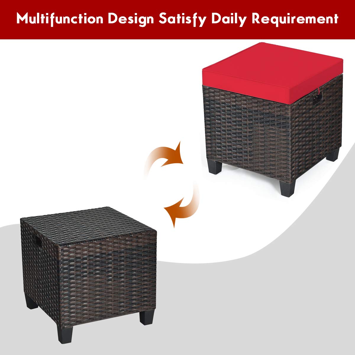 2PCS Rattan Wicker Ottoman Set with Removable Cushions - Patio Footstool & Footrest Seat for Outdoor, Garden, Backyard - Durable Wicker Furniture for Home Decor, Relaxation & Entertaining (Red)