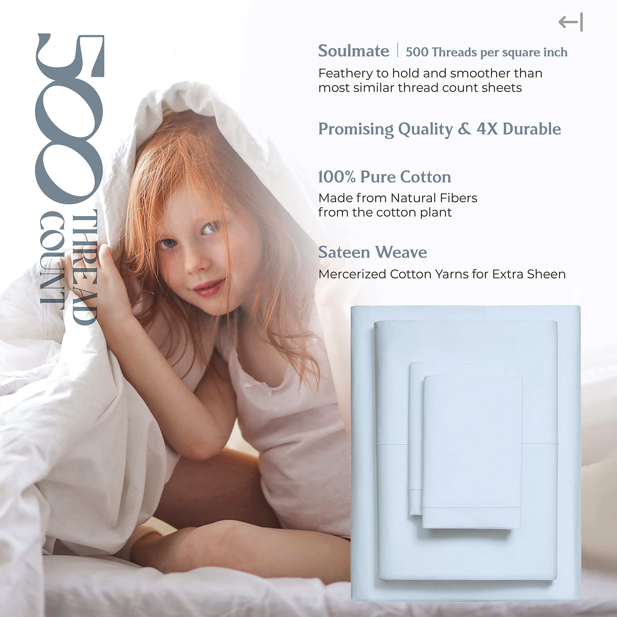 Mayfair Linen 100% Cotton Queen Size Bed Sheet Set - 4 PC 500 Thread Count Sateen Sheets (Light Blue) | Ultra Soft, Cooling & Breathable | Hotel Quality Deep Pocket (16