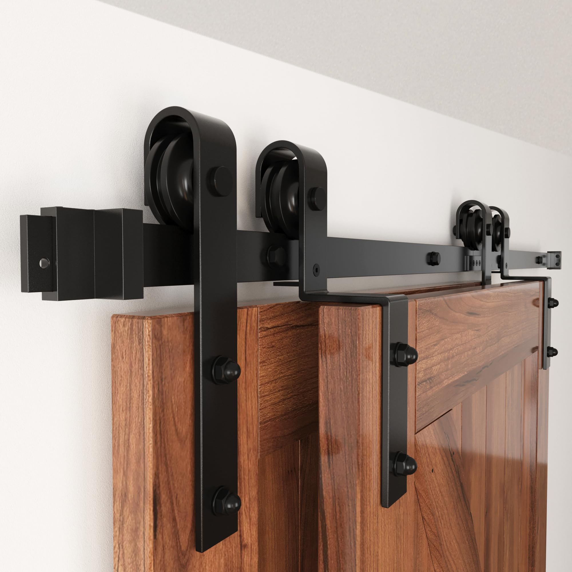 WINSOON 7.5FT Single Rail Bypass Barn Door Hardware Kit - Heavy Duty Sliding Track System with Antique Rollers for Double Doors - Perfect for Cabinet, Closet, Bedroom and Home Office Installation