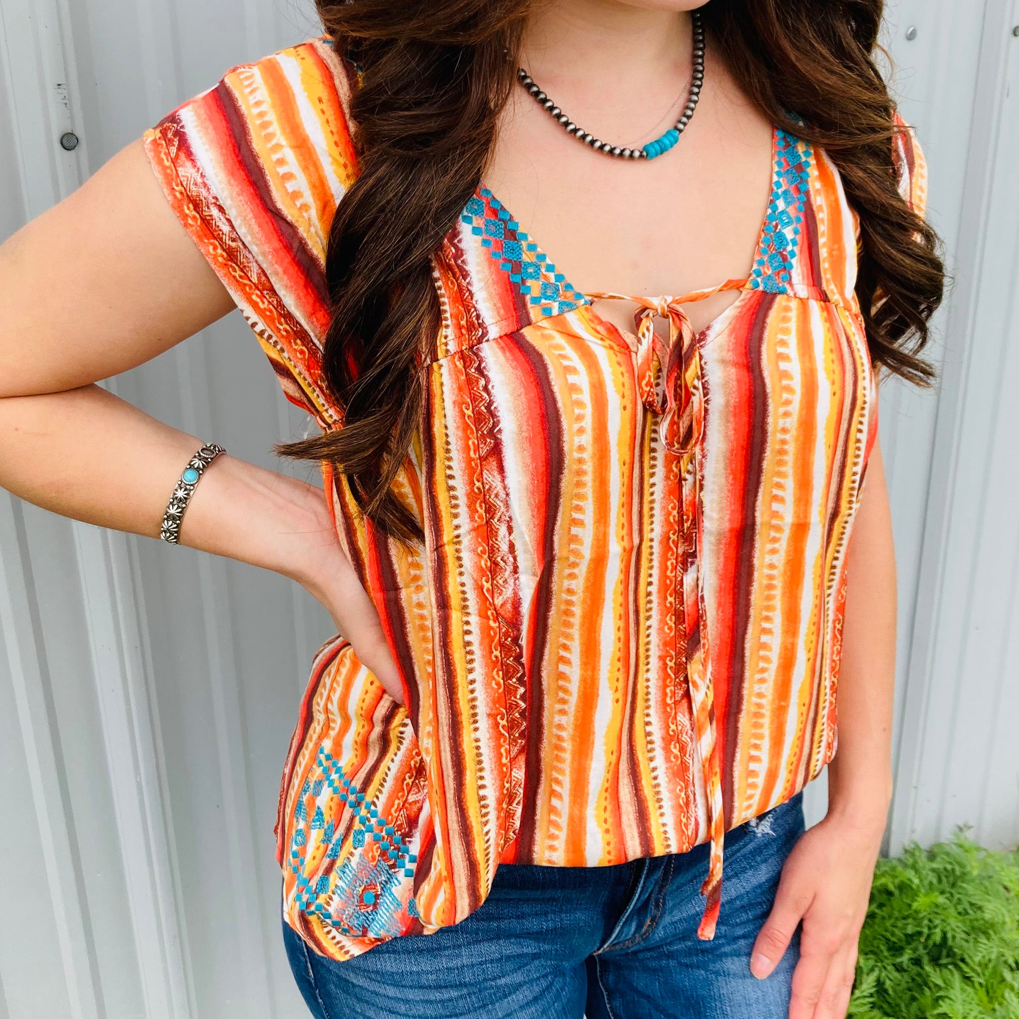 Andree Women's Coral Aztec Striped Short Sleeve T-Shirt - Casual Summer Top for Beach, Vacation & Everyday Wear