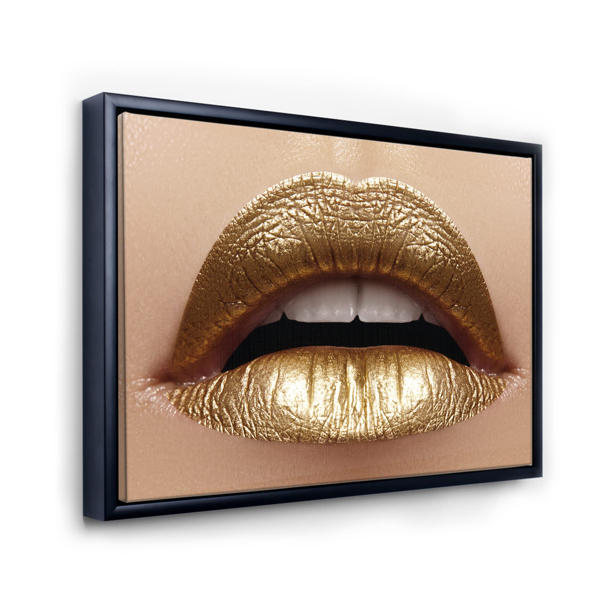 Golden Lipstick Plump Lips Canvas Wall Art Print - Modern Framed Home Decor for Living Room, Bedroom & Office