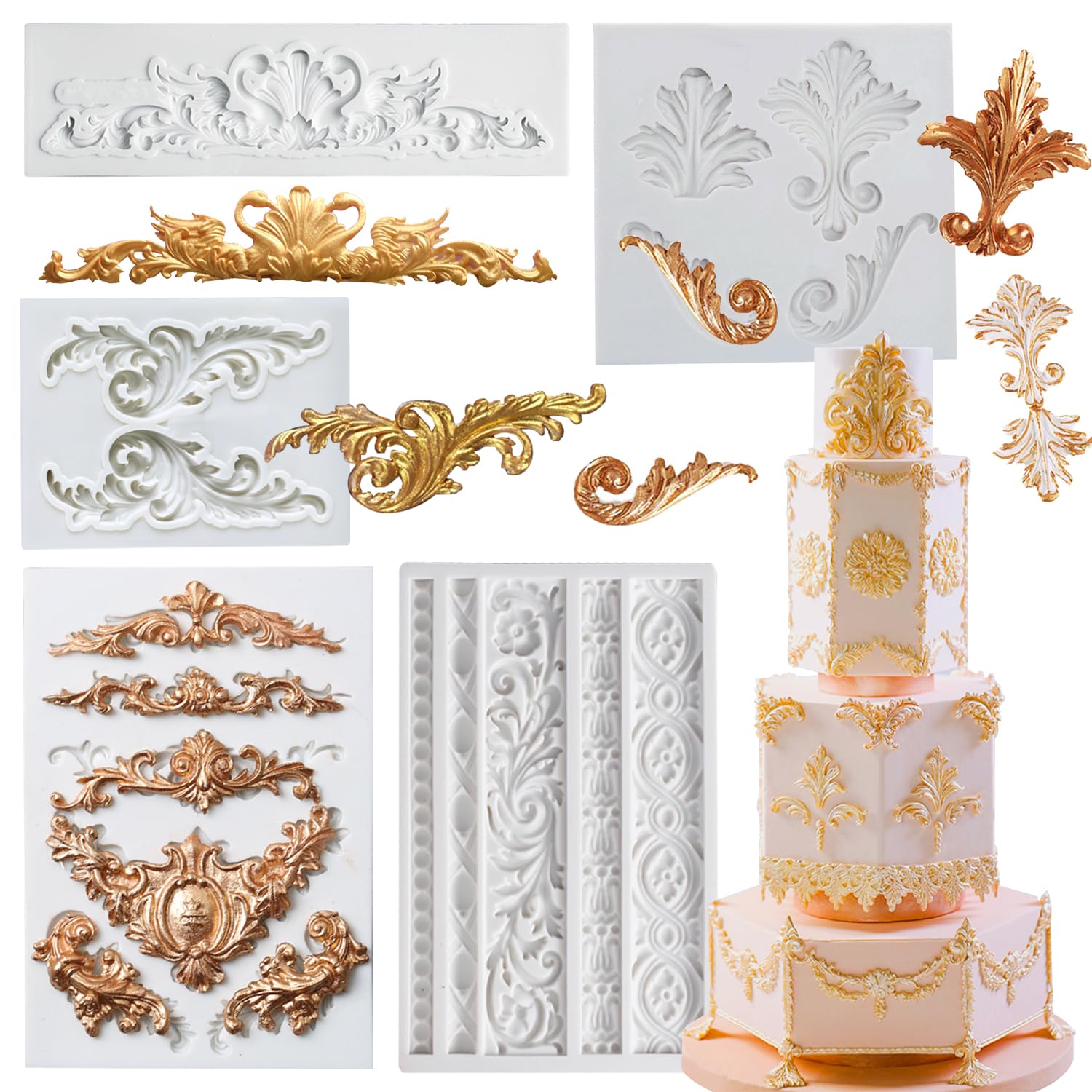 GROWTAIL 5Pcs Baroque Fondant Border Mold Set - Elegant Scroll Lace Silicone Molds for Cake Decorating, Polymer Clay Crafts, DIY Baking Tools - Perfect for Wedding Cakes, Cupcakes & Home Baking Projects