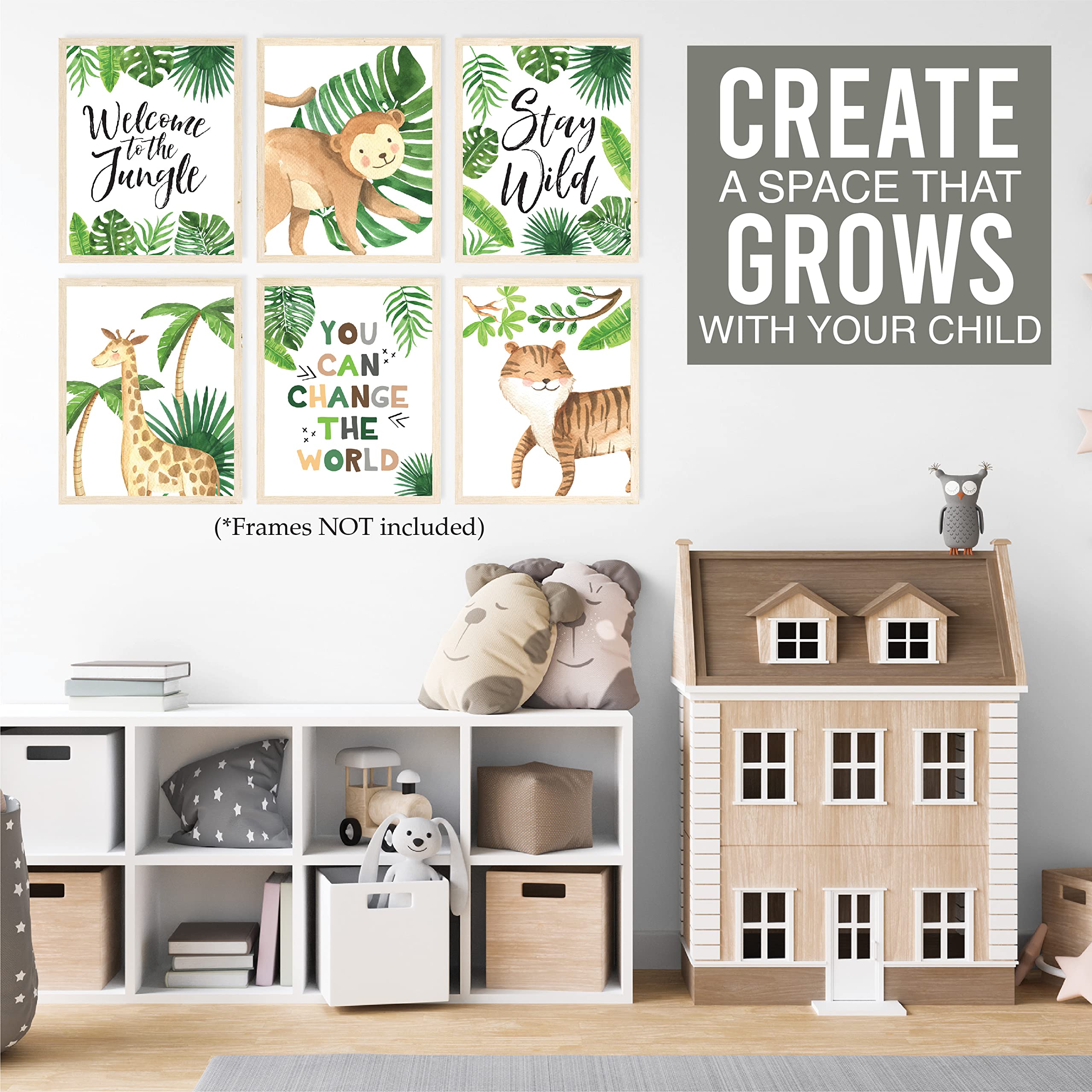 6 Reversible 8x10 Safari Nursery Wall Art Prints - Jungle Animal Classroom Decor, Baby Shower & Birthday Party Decorations - Perfect for Jungle Theme Nursery, Kids Room, Classroom & Safari Party Decor