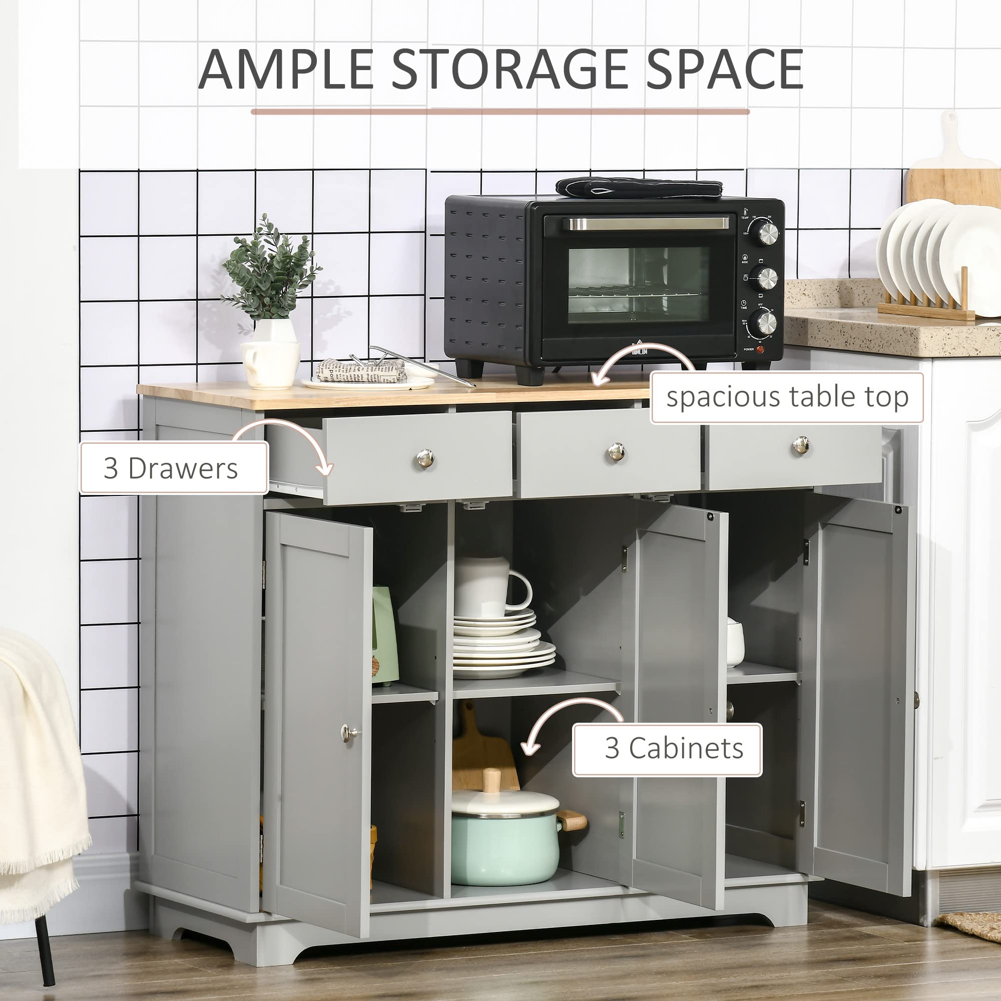 HOMCOM Modern Sideboard with Solid Wood Countertop - Kitchen Storage Cabinet & Coffee Bar with 3 Drawers, Doors & Adjustable Shelf - Gray - Perfect for Dining Room, Living Room & Home Office Organization