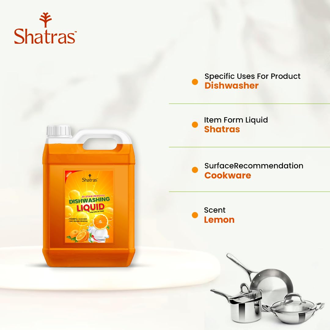 Shatras Orange Dishwashing Liquid Gel - 5L Heavy Duty Kitchen Cleaner for Grease & Oil Removal | Dishwasher Safe, Multi-Surface Detergent for Pots, Pans & Utensils | Ideal for Home, Restaurant & Commercial Use