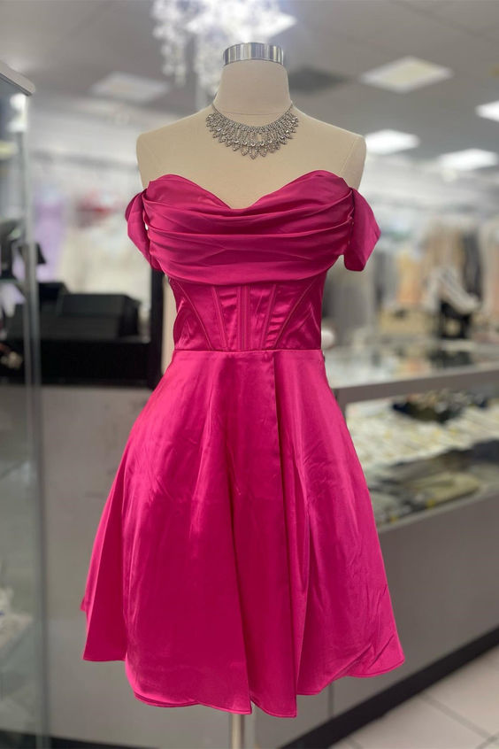 Off The Shoulder A-Line Short Prom Dress in Hot Pink - Sexy Party Dresses for Women (Style J4339) | Perfect for Prom Night, Homecoming, Cocktail Parties & Special Occasions