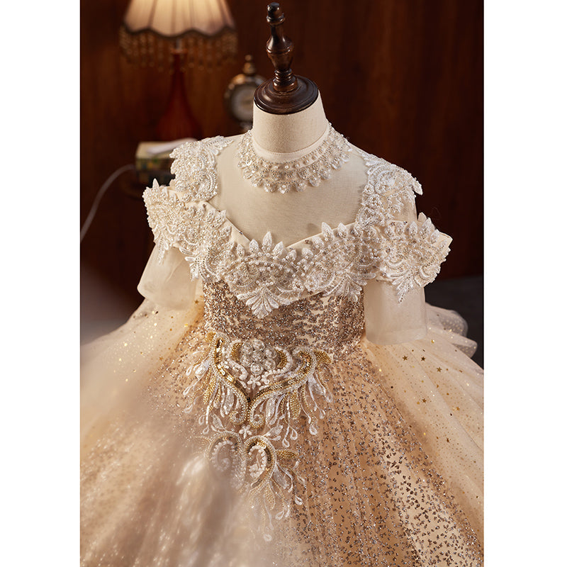 Elegant Gold Sequin Tulle A-Line Flower Girl Dress with Lace & Beaded Details - Perfect for Weddings, Pageants, and Special Occasions