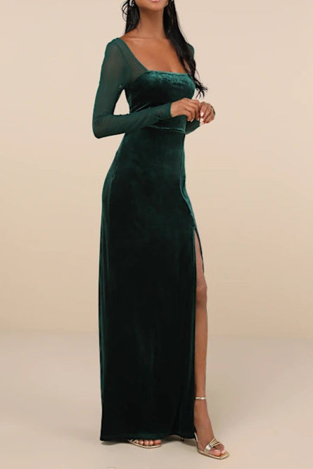 Certifiably Chic Emerald Green Velvet Mesh Long Sleeve Maxi Dress for Women - Perfect for Weddings, Parties & Evening Events