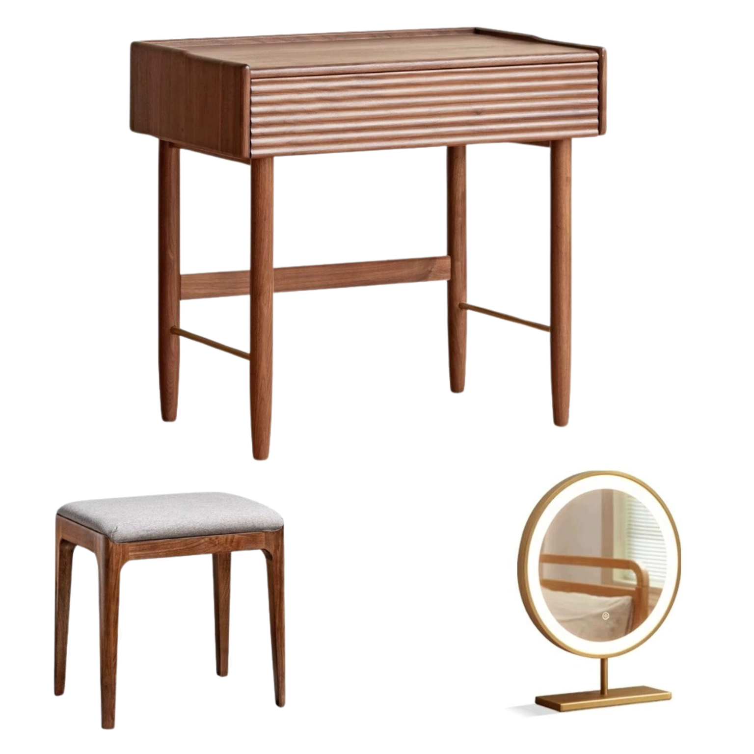 Premium Black Walnut Solid Wood Dressing Table Set with Mirror - Elegant Vanity Desk for Bedroom, Makeup & Beauty Organization