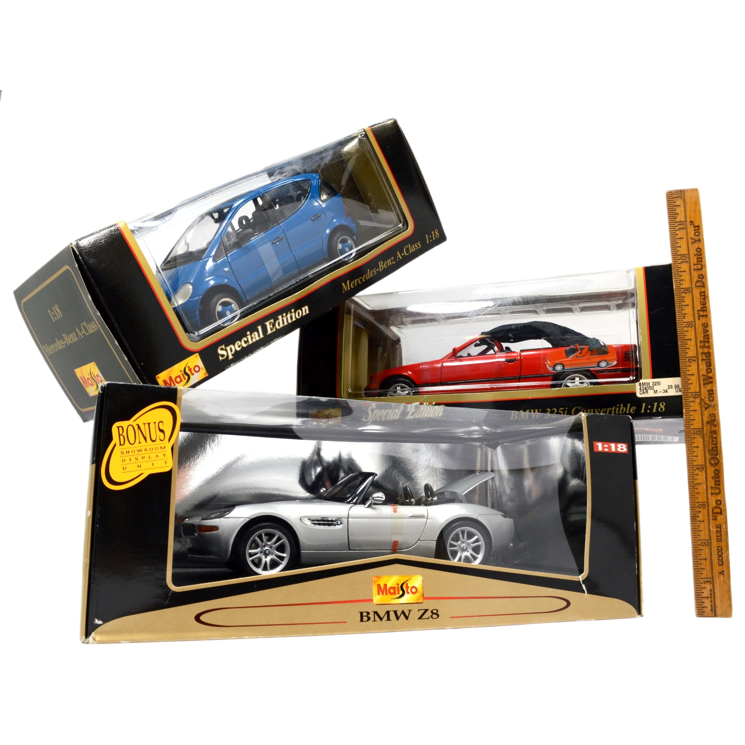 3-Piece Maisto Diecast Car Collection - 1:18 Scale BMW Z8, 325i Convertible & Mercedes A-Class - Premium Model Cars for Display, Collecting & Gifting
