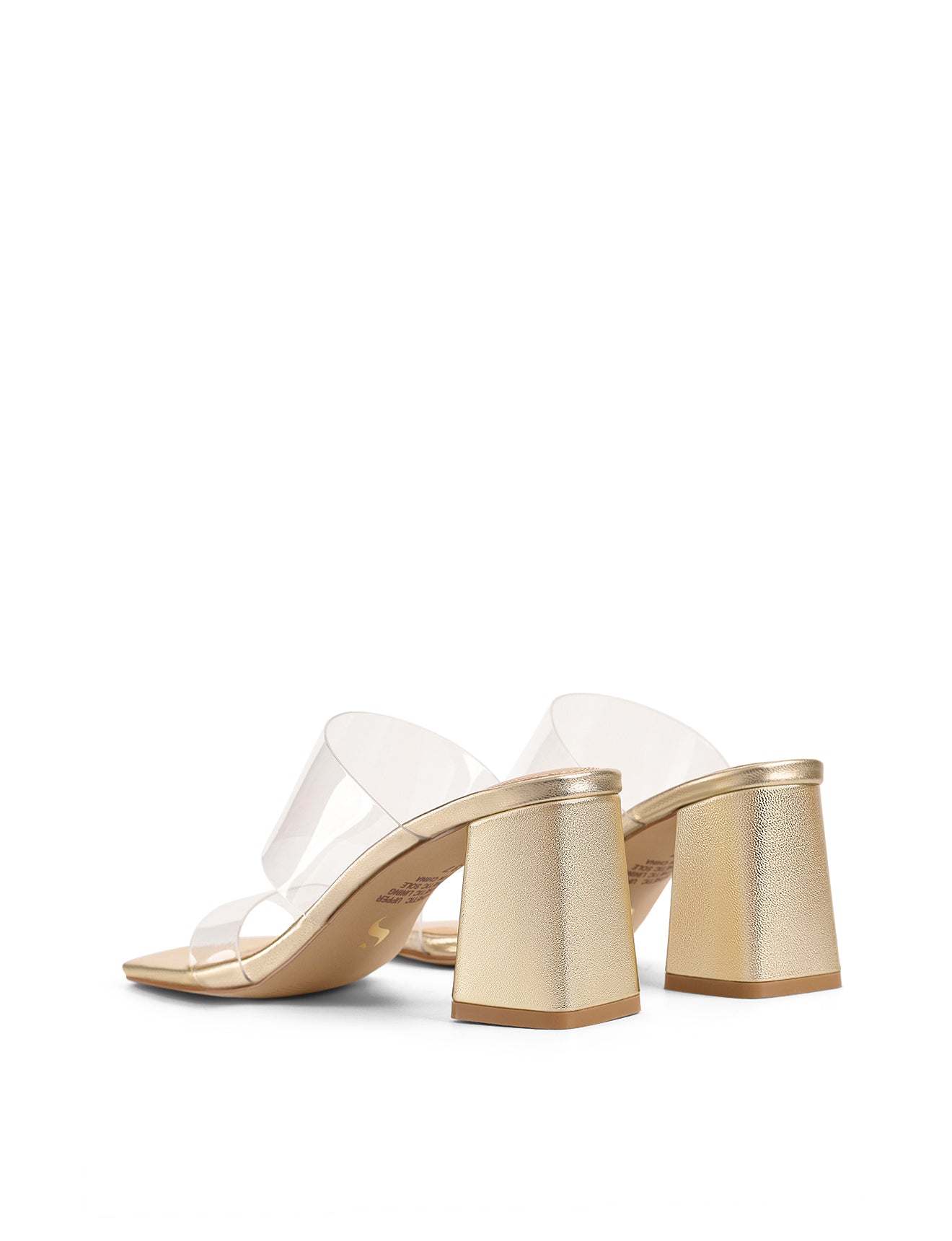 Stylish Strife Block Heel Mules in Gold Metallic Leather & Vinylite - Perfect for Office, Parties & Evening Events