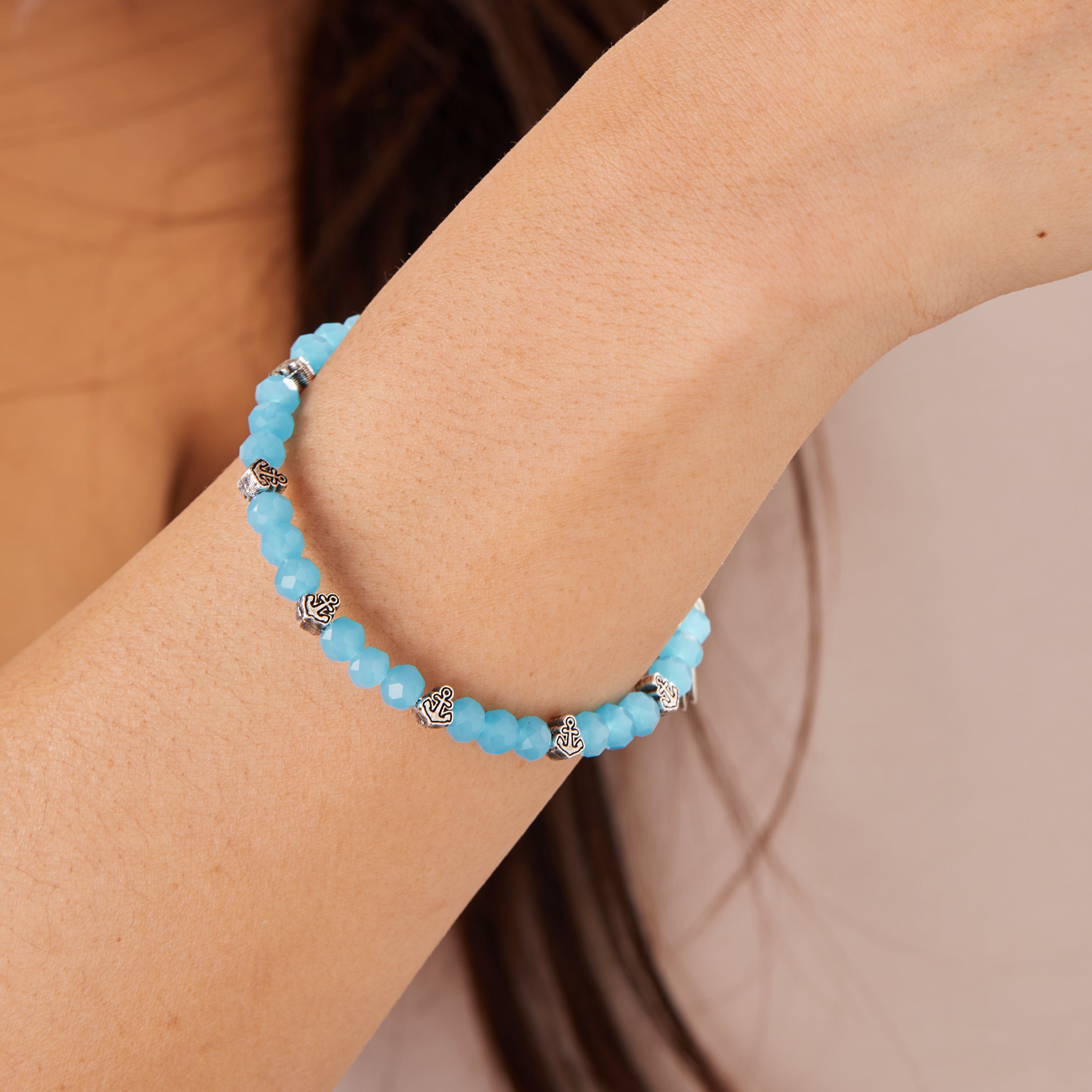 Blue Anchor Beaded Bangle Bracelet for Women - Nautical Jewelry for Beach Vacation, Summer Outfits & Boho Style Accessories