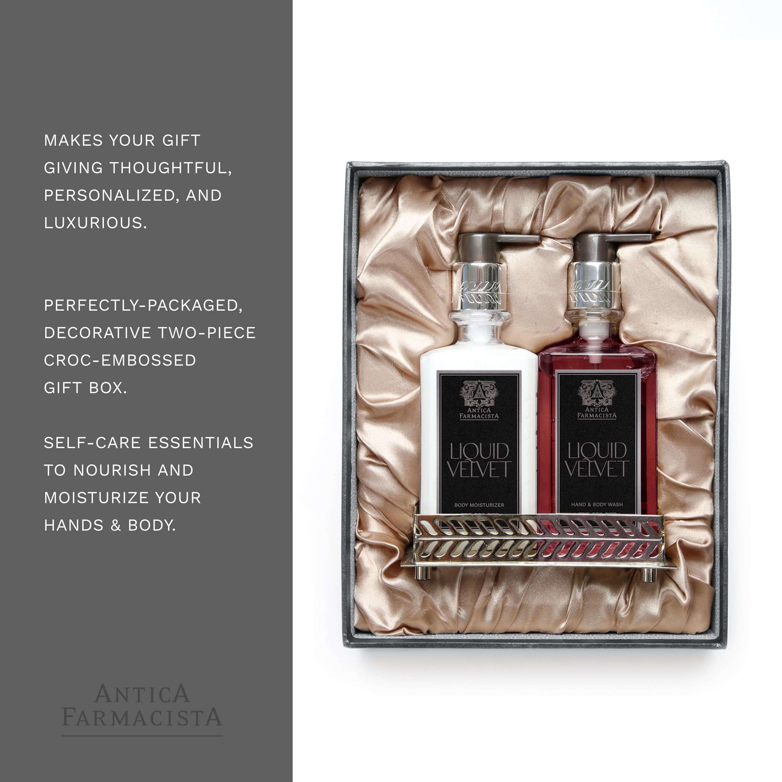 Antica Farmacista Liquid Velvet Acrylic Bath & Body Gift Set - Moisturizing Scented Lotion & Premium Hand Wash with Silver Tray - Luxury Skincare Gift for Women & Men - Hand & Body Hydration - Perfect for Spa Days, Home Relaxation & Elegant Gift Giving