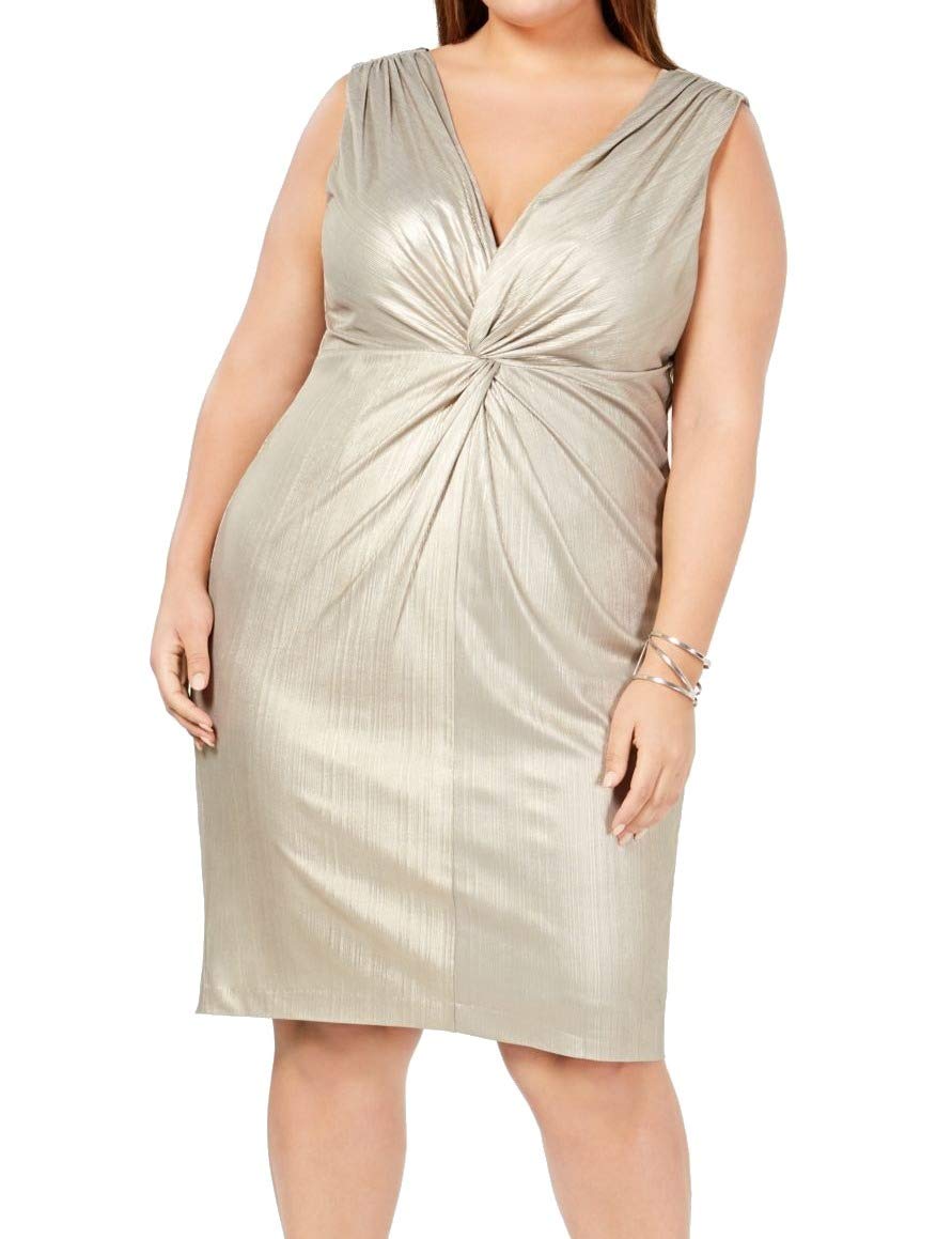 Calvin Klein Women's Plus Size Metallic Twist Front Cocktail Dress Gold Size 14W - Elegant Evening Gown for Parties, Weddings & Special Occasions