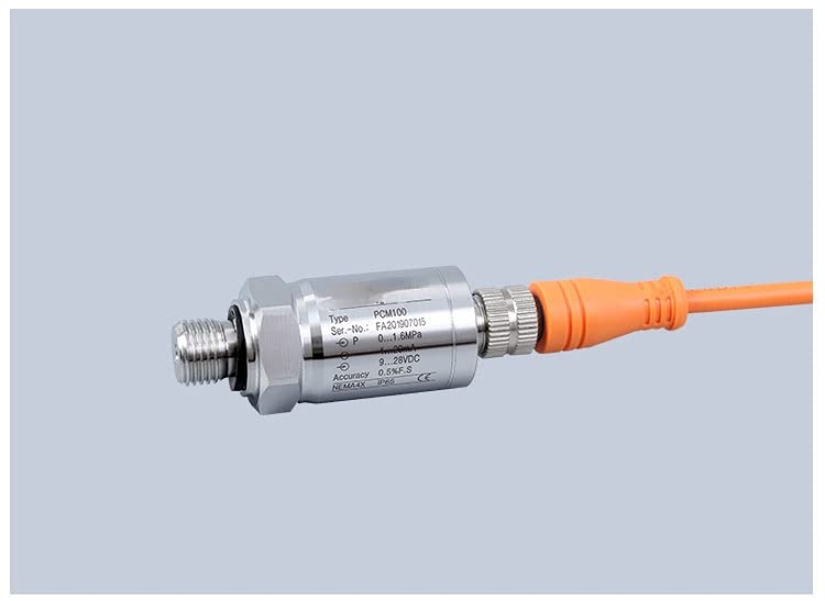 PCM100 M12 Industrial Pressure Transmitter - IP67 Waterproof, 4-20mA Output, 300psi Range with Aviation Plug for Hydraulic Systems & Factory Automation