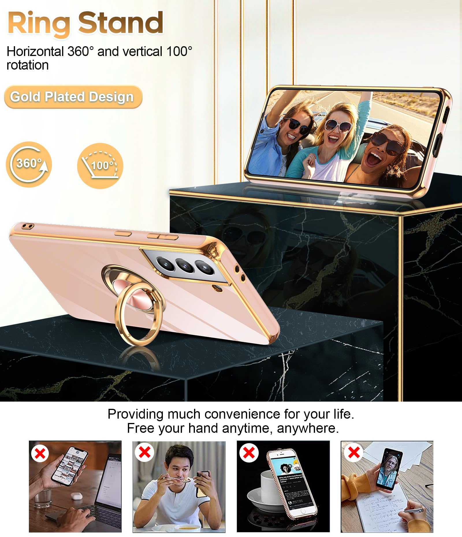Magnetic Phone Case for Samsung S21 5G - 360° Rotating Ring Holder & Car Mount | Fashion Pink TPU Case for Women