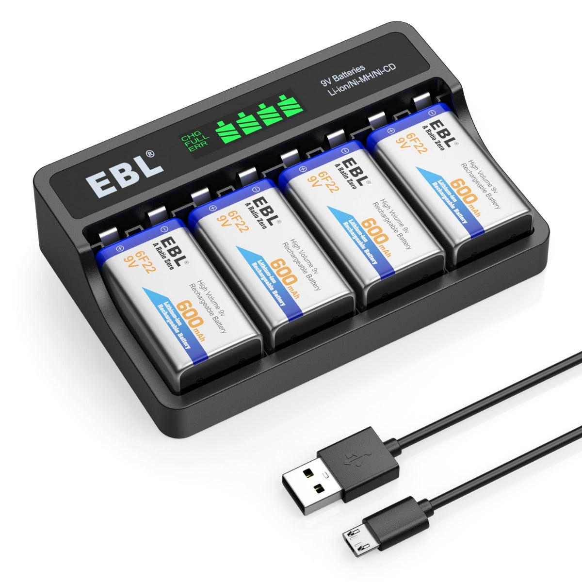 EBL 4-Pack 9V Rechargeable NiMH/Li-ion Batteries with M7015 Smart Charger - Perfect for Smoke Detectors, Guitar Pedals & Electronic Devices