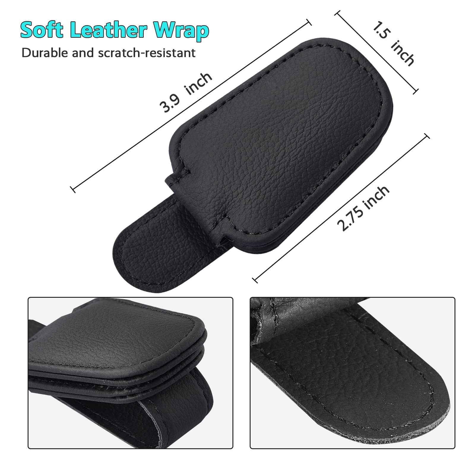 2 Pack Magnetic Leather Sunglass Holder for Car Visor - Black Eyeglass Hanger Clip Organizer | Perfect for Driving, Road Trips & Daily Commute
