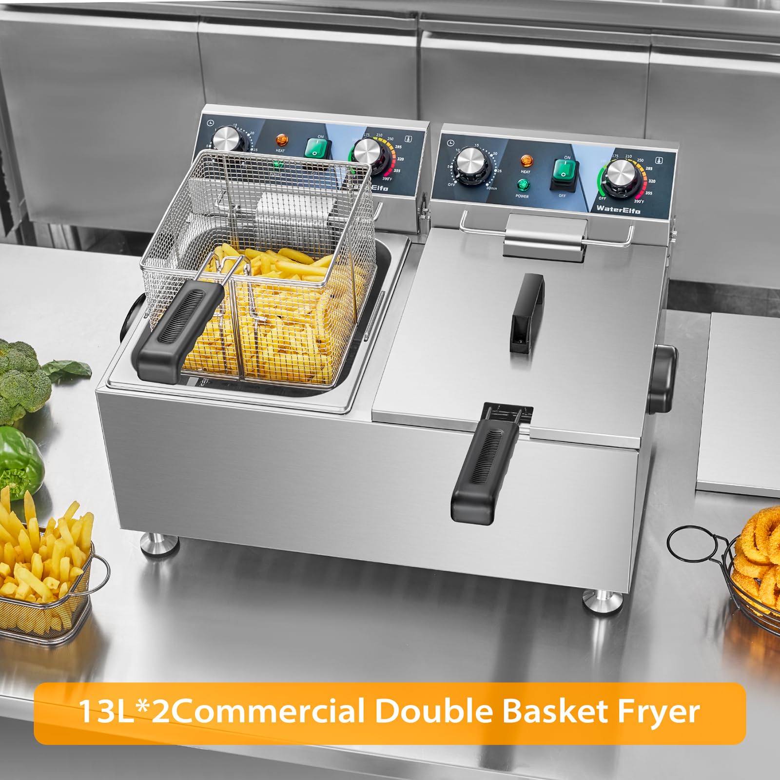 Commercial Deep Fryer 13L x 2 (13.7Qt x 2) with Precise Temperature Control & Timer - 1800W x 2, 120V Countertop Restaurant Fryer with 2 Baskets - Perfect for Fast Food, Chicken Wings, French Fries, and Seafood Cooking
