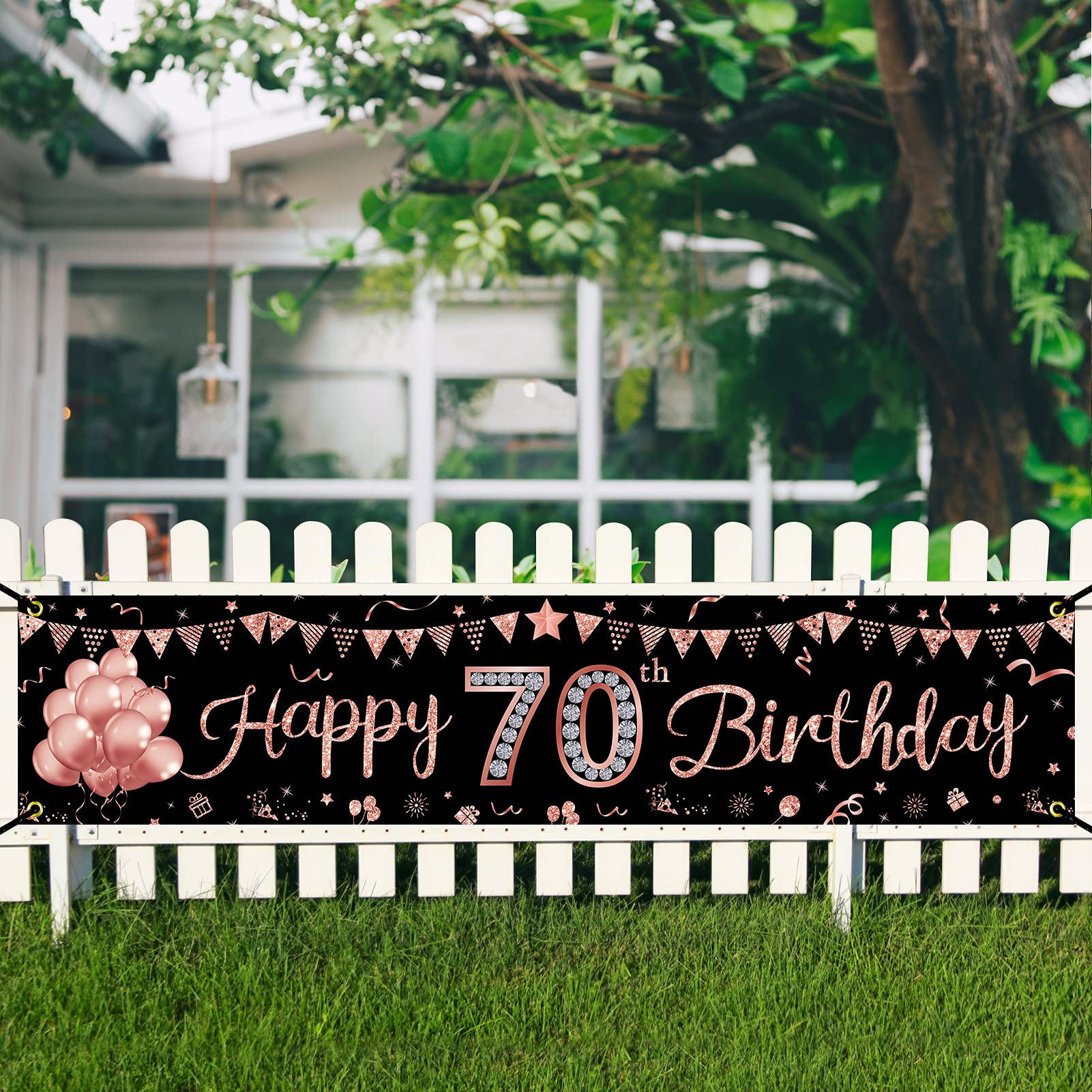 Rose Gold 70th Birthday Banner Decorations for Women - Happy 70 Year Old Party Sign Supplies - Indoor & Outdoor Celebration Decor - Perfect for Milestone Birthday Parties, Retirement Celebrations & Family Gatherings