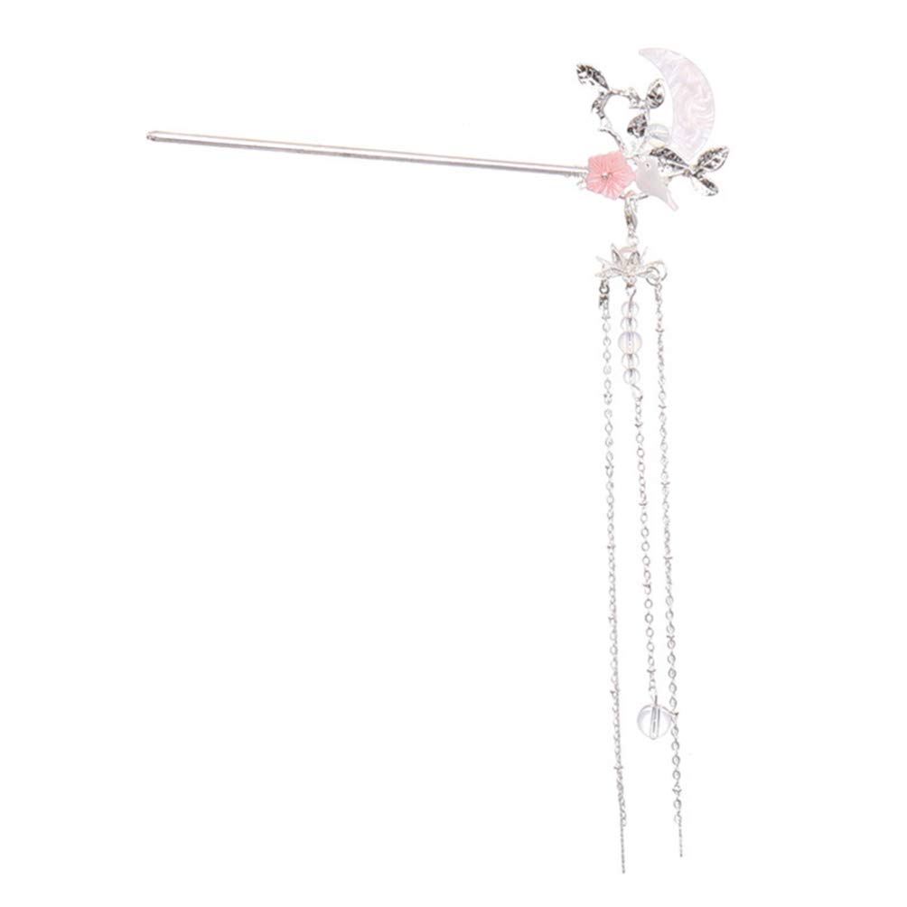 Moon Design Tassel Hair Stick - Chinese Hair Chopstick & Hair Fork for Women & Girls | Silver Hair Clip & Hairpin Accessories | Perfect for Weddings, Parties & Traditional Hairstyles