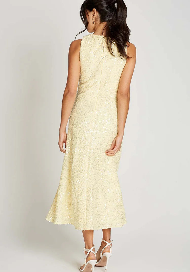 Louise Sequin Waffle Cross Neck Midi Dress - Lemon Yellow Party Dress for Women, Perfect for Cocktail Parties, Weddings & Special Occasions