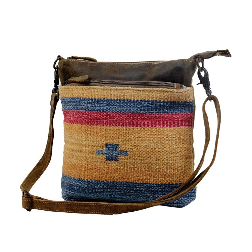 Myra Cross-Body Bag - Upcycled Cotton & Leather - Yellow & Blue Stripes - Perfect for Casual Outings