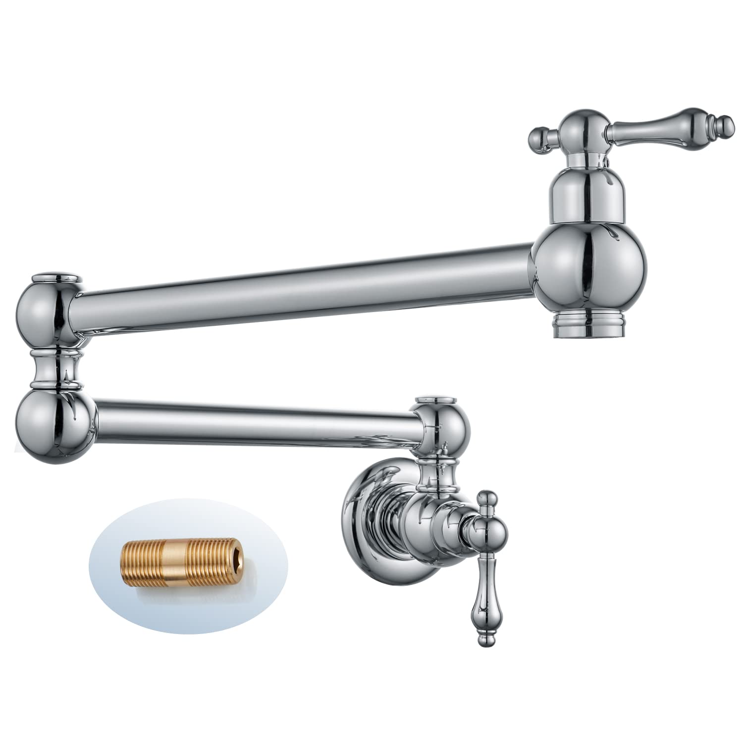 Polished Chrome Wall Mount Pot Filler Faucet - Stainless Steel Commercial Kitchen Sink Faucet with Double Joint Swing Arm & 2 Handles (1 Hole Installation) - Ideal for Restaurants, Home Kitchens & High-Traffic Cooking Areas