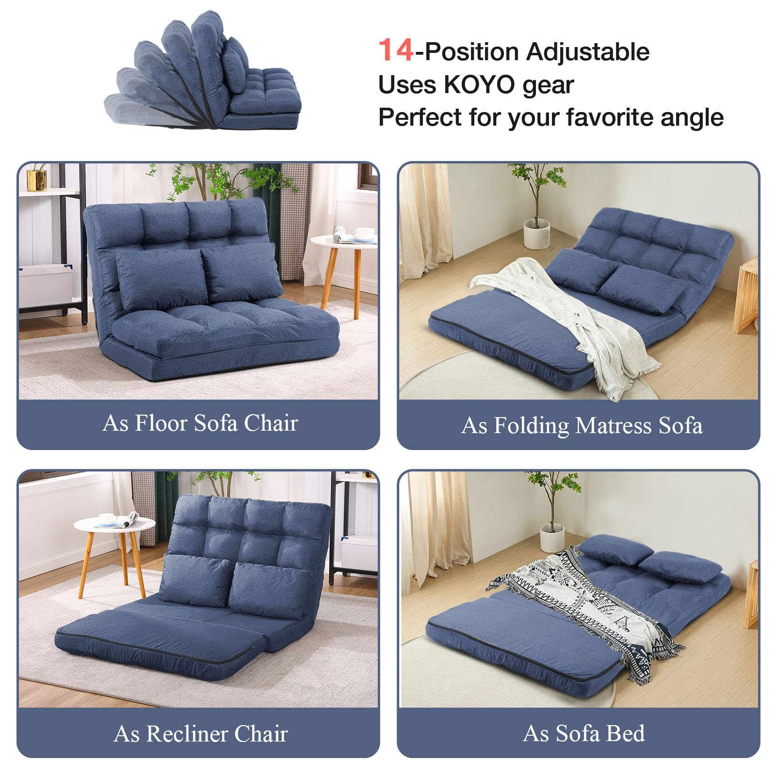 FLOGUOR Adjustable Floor Sofa Chair with 2 Pillows - 14-Position Reclining Folding Chaise Lounge for Adults - Removable Cover & Sturdy Metal Frame - Perfect for Bedroom, Living Room, Apartment & Small Spaces - Great for Lounging, Reading, TV Watching & Relaxing