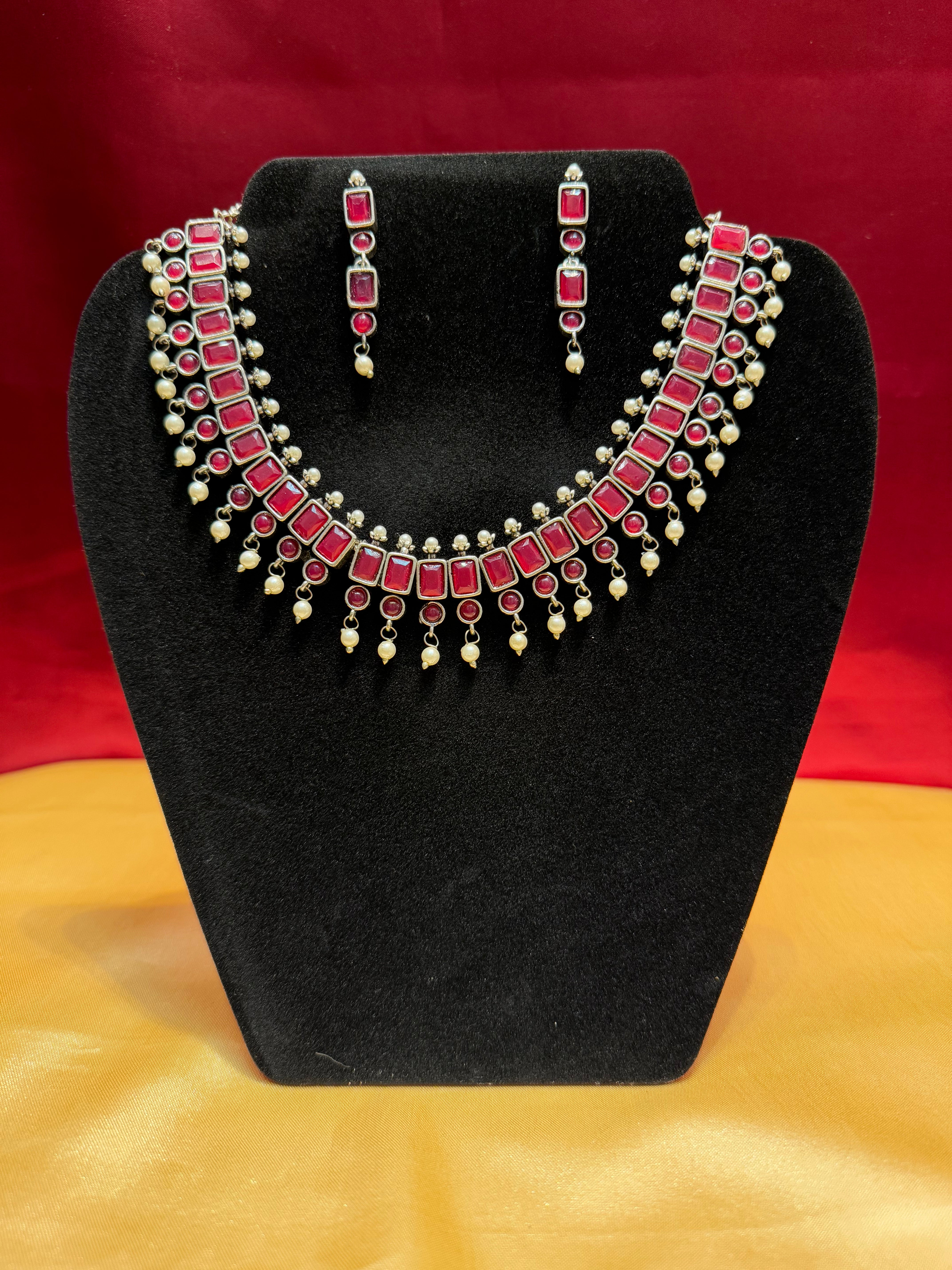 Elegant Pink Oxidized Pearl Drop Necklace and Earrings Set for Women - Vintage Jewelry Gift for Brides, Party & Special Occasions
