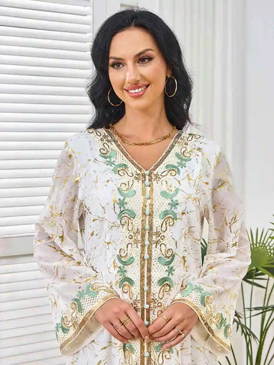 Elegant Eid Bronzing Kaftan Dress for Women - Party & Wedding Guest Outfit - Boho Maxi Dress with Embroidery - Perfect for Special Occasions, Festivals & Celebrations