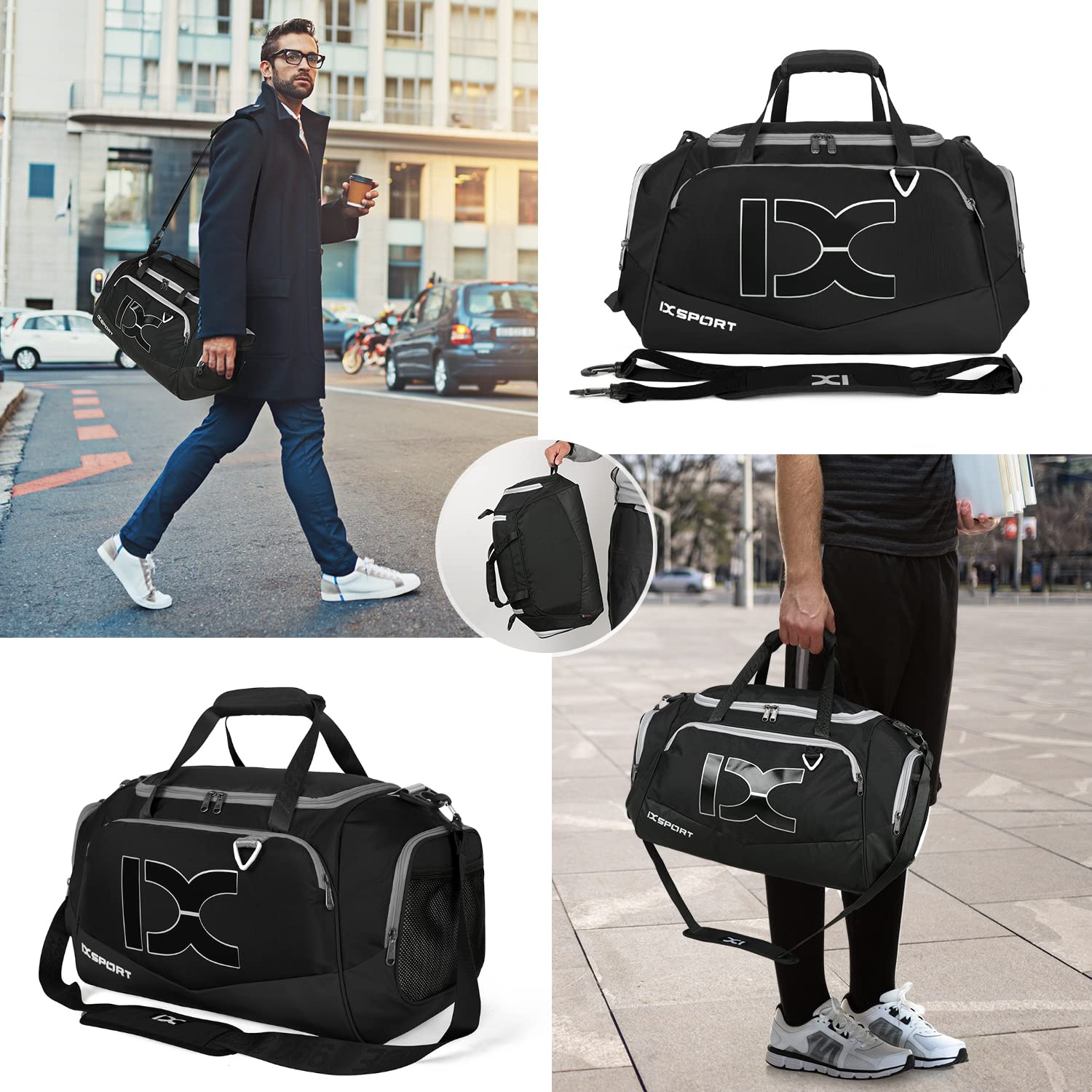 **INOXTO 40L/55L Waterproof Gym Bag for Men & Women - Sports Duffel with Wet/Dry Pocket & Shoe Compartment - Ideal for Fitness, Swimming, Travel & Workout (Black/White, 40L)**