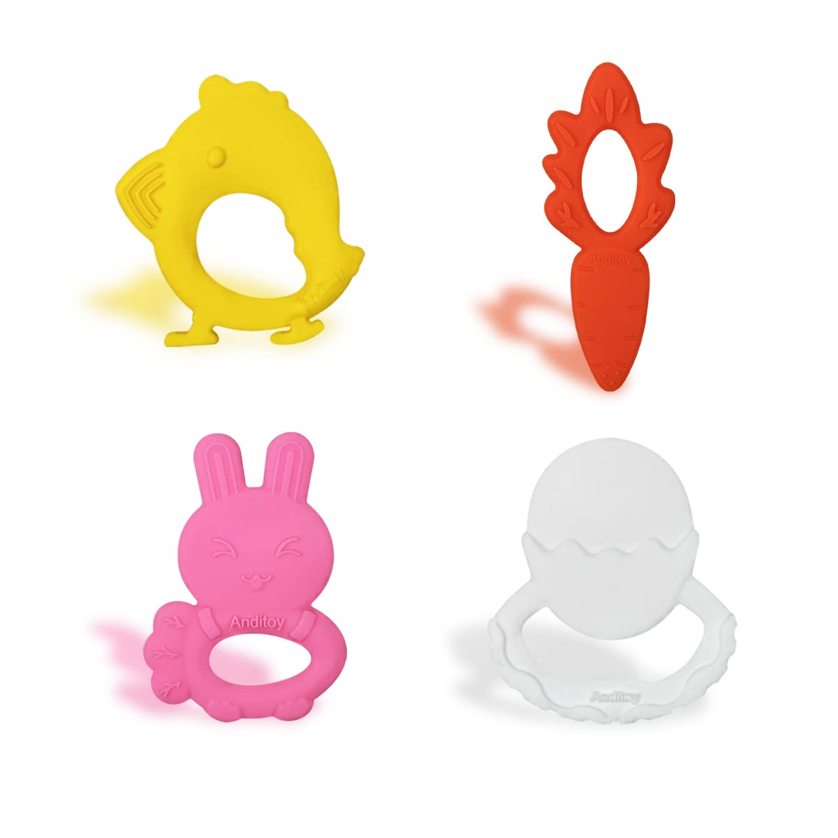 Anditoy 4 Pack Easter Teething Toys for Babies 3-12 Months - Soft Silicone Teethers for Toddlers, Easter Basket Stuffers & Baby Shower Gifts - Perfect for Soothing Sore Gums During Easter & Holiday Celebrations