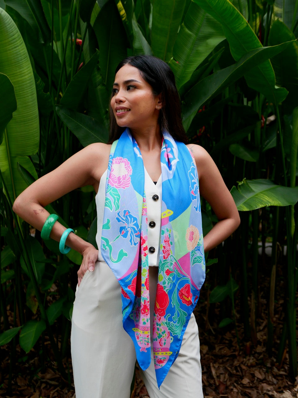 Luxury Peranakan Bricolage Silk Scarf - Premium Handmade Batik Shawl for Women, Elegant Fashion Accessory for Parties, Weddings & Special Occasions