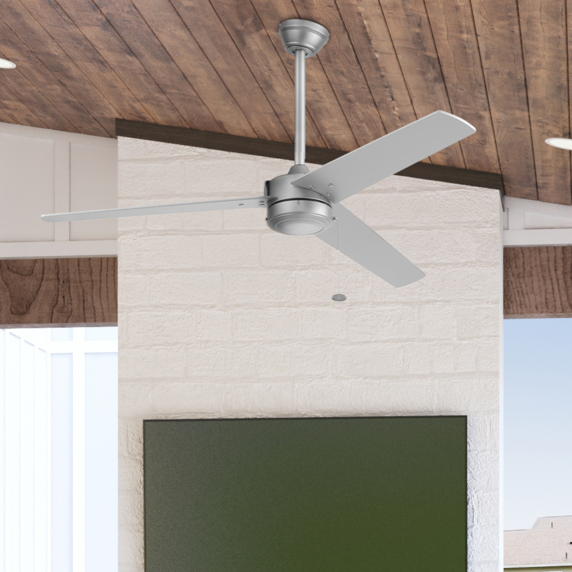 52 Inch Brushed Nickel Ceiling Fan with Pull Chain - Indoor/Outdoor Use for Living Room, Bedroom, Patio & Covered Porch